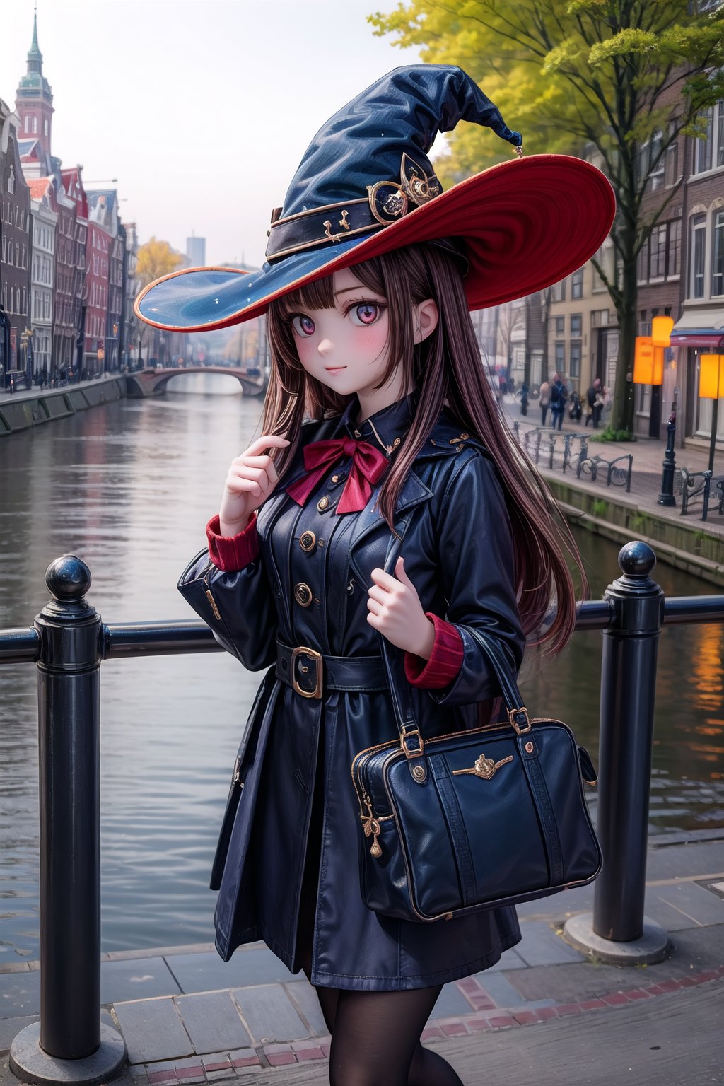 1girl, solo, Mona_Impact, 25 years old girl, witch hat, on vacation in Netherlands, let's go to shopping tour in the city Amsterdam,