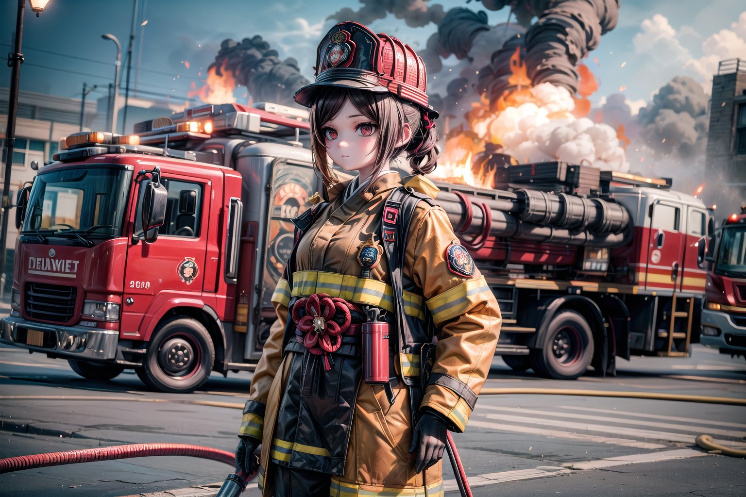 chiori, the fire chief, stands next to her fire engine in full firefighter uniform: helmet, coat, trousers and gloves. In her right hand she holds a fire hose, the camera captures her in full size, with the fire truck in the background, casting a warm light on her determined face. show yourself to me in full firefighter uniform