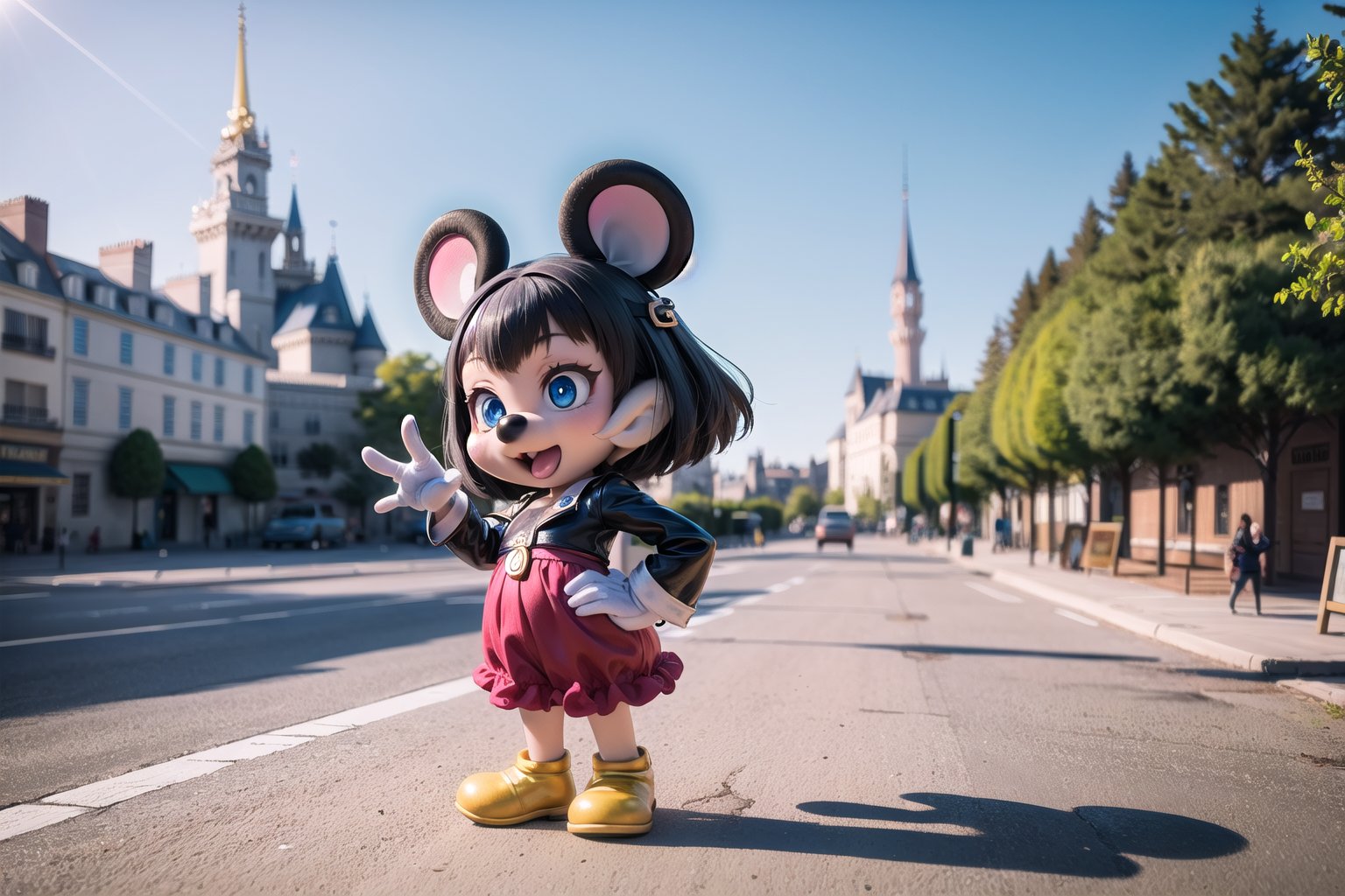 little candacedef as (Disney's Mickey Mouse), (masterpiece), best quality, HDR, 32k UHD, Ultra realistic, highres, highly detailed, ultra_hd, high resolution, ultra_detailed, hyper realistic, extemely detailed background, detailed_background, complex_background, depth_of_field, extremely detailed and complex, outdoor, little Disney's Micky Mouse at Disney Land Paris,