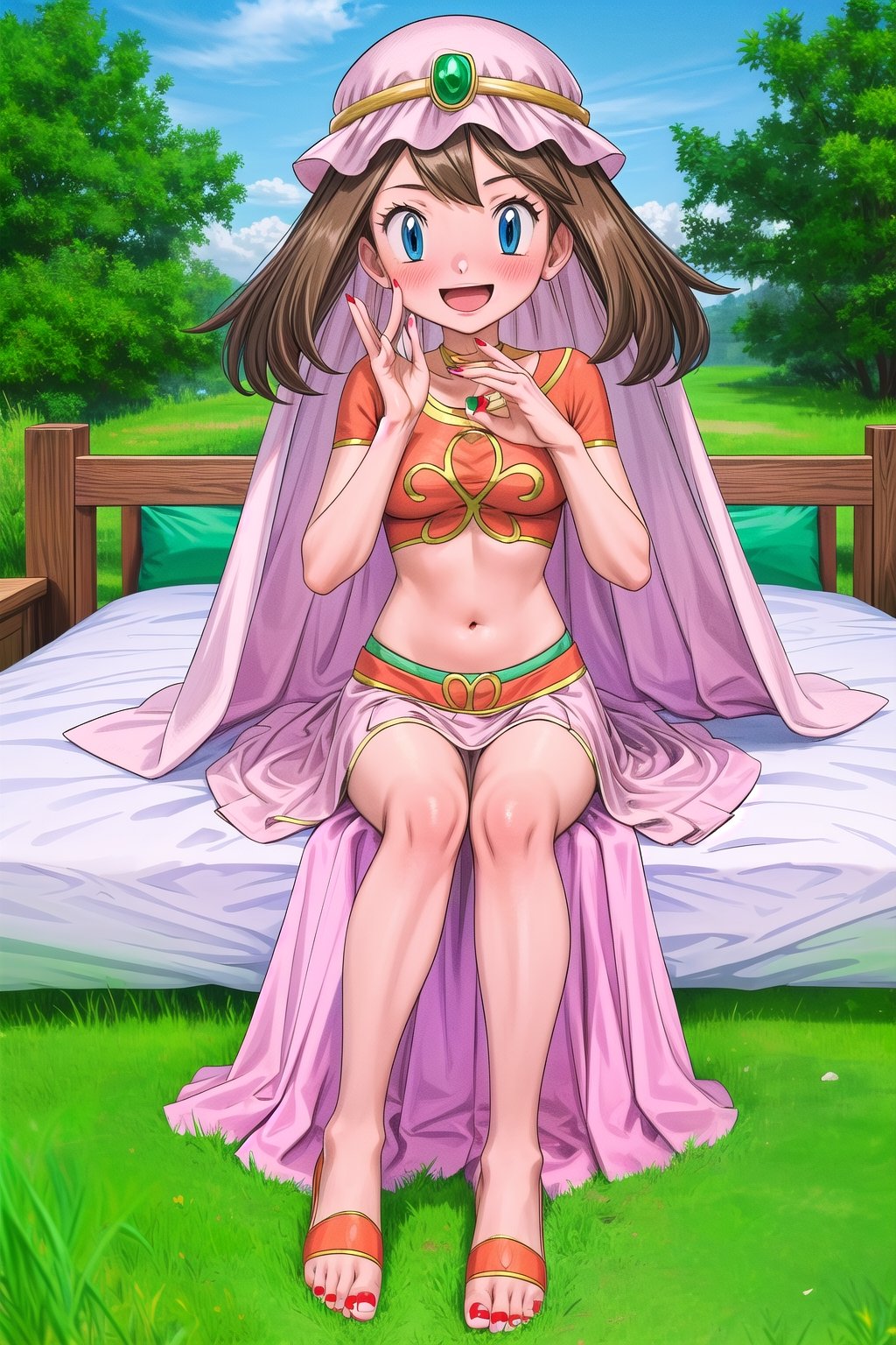 maybd, 1girl, solo, smile, joyful, playful, blue eyes, brown hair, navel, sitting on bed, open mouth, blushing, open eyes, alternate costume, midriff, outdoors, grass, crop top, completely barefoot, veil, arabian clothes, full body, may (pokemon), gem, long skirt, red fingernails, in love with viewer, affectionate, feet swaying, 5 toes on each foot, foot fetish, feet dancing