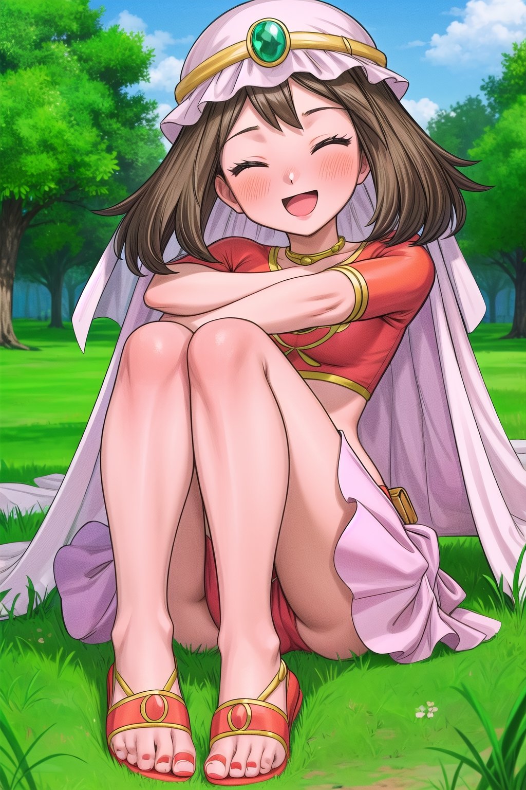 maybd, 1girl, solo, smile, joyful, playful, looking at camera, blue eyes, brown hair, navel, sitting and hugging knees, open mouth, blushing, closed eyes, alternate costume, midriff, outdoors, grass, crop top, bare_feet with no footwear, veil, arabian clothes, full body, may (pokemon), gem, long skirt, red fingernails, in love with viewer, slight head tilt, affectionate, feet swaying, 5 toes on each foot, foot fetish, toes spreading outward