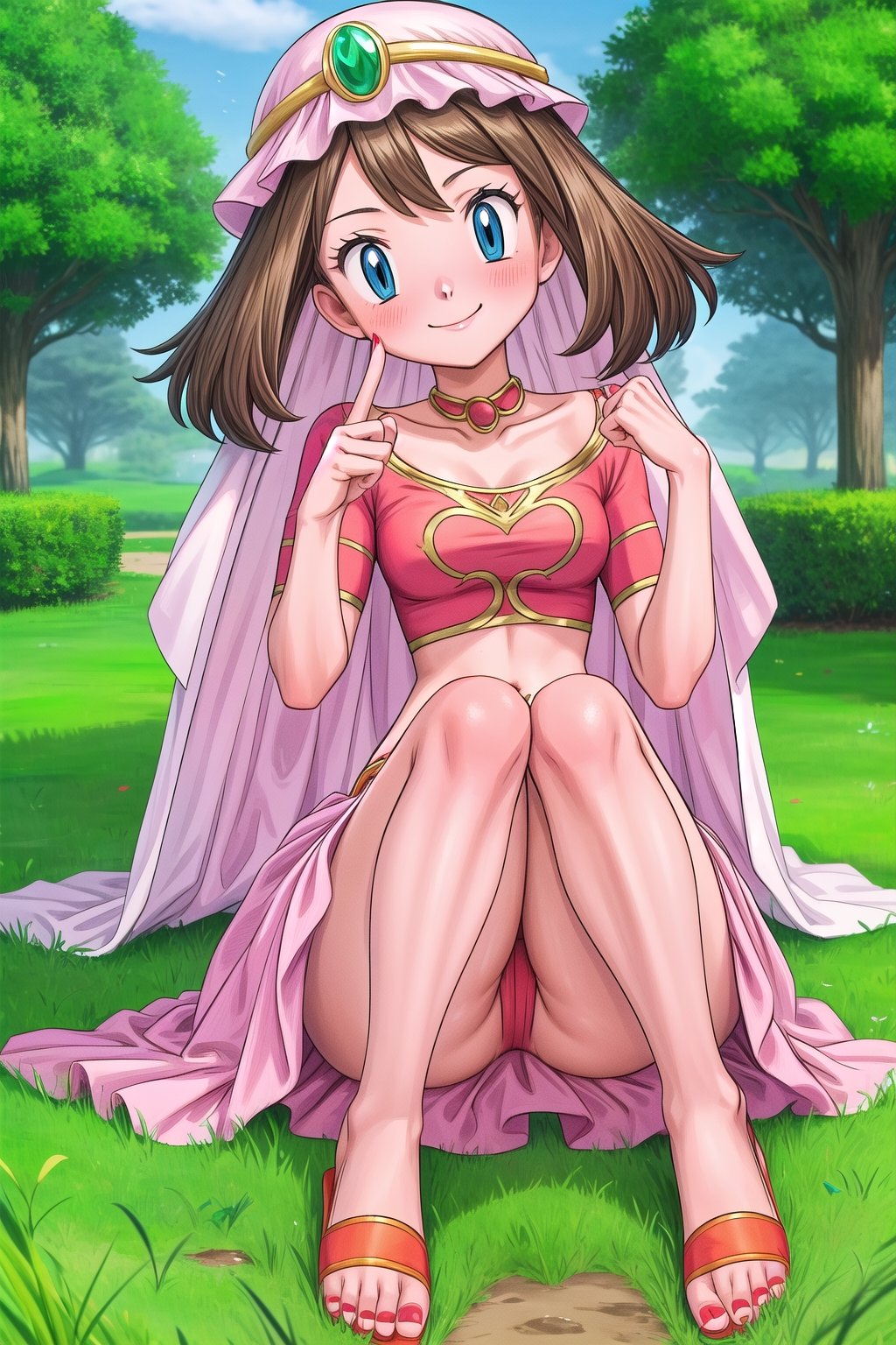 maybd, 1girl, solo, smile, blue eyes, brown hair, navel, sitting and holding knees, closed mouth, blushing, open eyes, alternate costume, midriff, outdoors, grass, crop top, barefoot, veil, arabian clothes, full body, may (pokemon), gem, long skirt, red fingernails, in love with viewer, affectionate, feet swaying, slight head tilt, 5 toes on each foot, toes wiggling