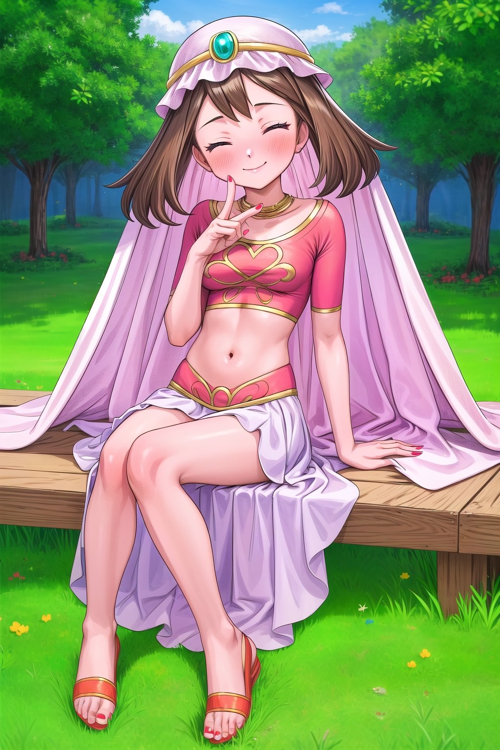 maybd, 1girl, solo, smile, blue eyes, brown hair, navel, sitting and holding knees, closed mouth, blushing, closed eyes, alternate costume, midriff, outdoors, grass, crop top, barefoot, veil, arabian clothes, full body, may (pokemon), gem, long skirt, red fingernails, in love with viewer, affectionate, feet swaying, slight head tilt, 5 toes on each foot, toes wiggling