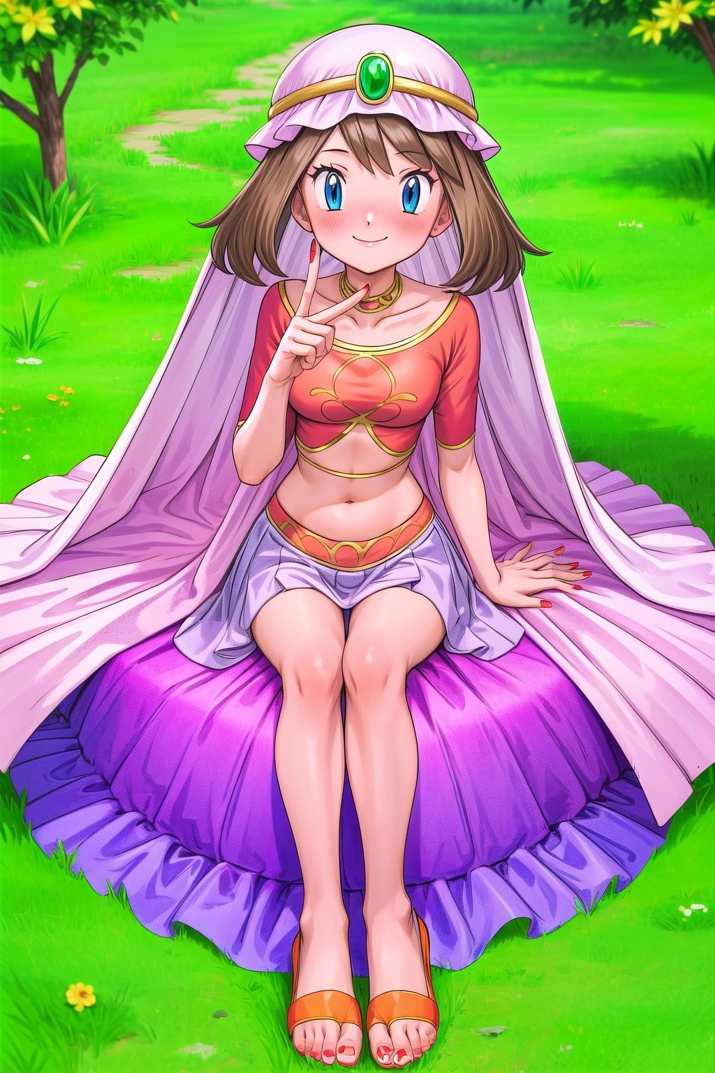 maybd, 1girl, solo, smile, blue eyes, brown hair, navel, sitting and holding knees, closed mouth, blushing, open eyes, alternate costume, midriff, outdoors, grass, crop top, completely barefoot, veil, arabian clothes, full body, may (pokemon), gem, long skirt, red fingernails, in love with viewer, affectionate, feet swaying, 5 toes on each foot, toes wiggling, foot fetish