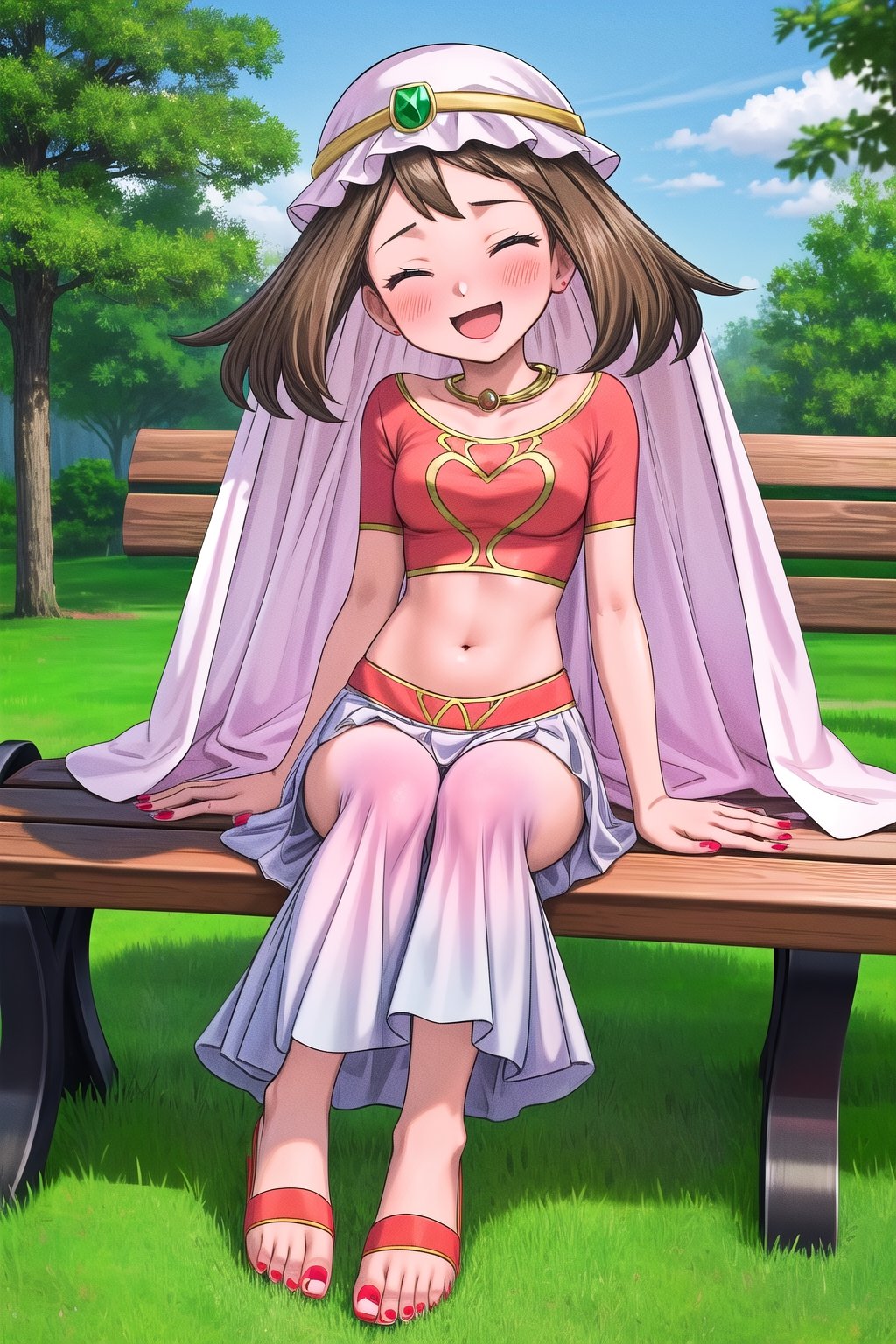 maybd, 1girl, solo, smile, joyful, playful, blue eyes, brown hair, navel, sitting on bench, open mouth, blushing, closed eyes, alternate costume, midriff, outdoors, grass, crop top, bare_feet, veil, arabian clothes, full body, may (pokemon), gem, long skirt, red fingernails, in love with viewer, slight head tilt, affectionate, feet swaying, 5 toes on each foot, foot fetish, toes spreading outward