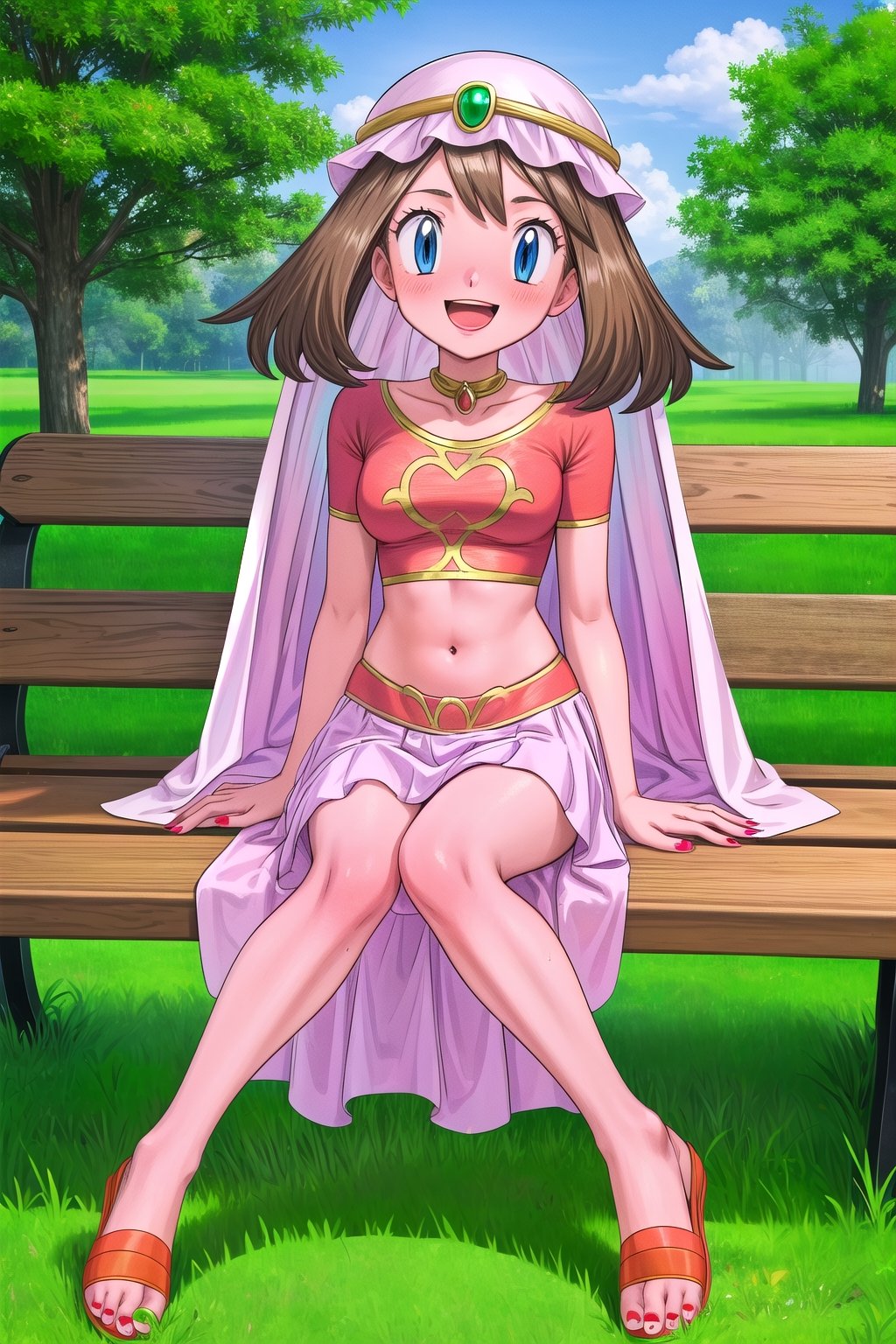 maybd, 1girl, solo, smile, joyful, playful, blue eyes, brown hair, navel, sitting on bench, open mouth, blushing, open eyes, alternate costume, midriff, outdoors, grass, crop top, completely barefoot, veil, arabian clothes, full body, may (pokemon), gem, long skirt, red fingernails, in love with viewer, slight head tilt, affectionate, feet swaying, 5 toes on each foot, foot fetish, feet dancing