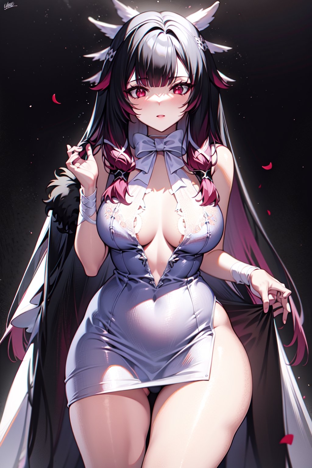 Columbina, long hair, red highlights, white wedding dress, big breasts, big thighs