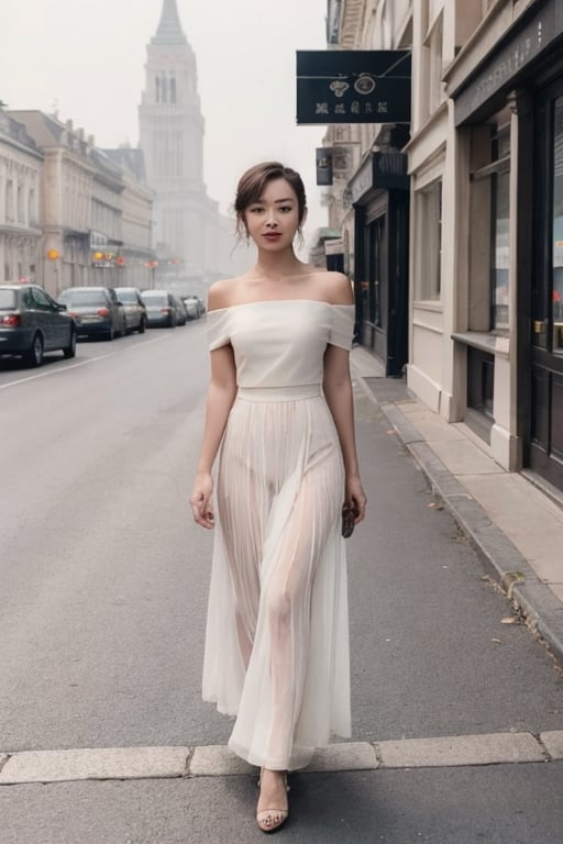 Inspired by photography from Vogue magazine, On a cloudy day, a woman is wearing a romantic transparent gauze, like flowers, a colorful long skirt, the woman's face is looming, and the atmosphere is like smoky flowers and a dream, it is indescribably beautiful.,bzsohee