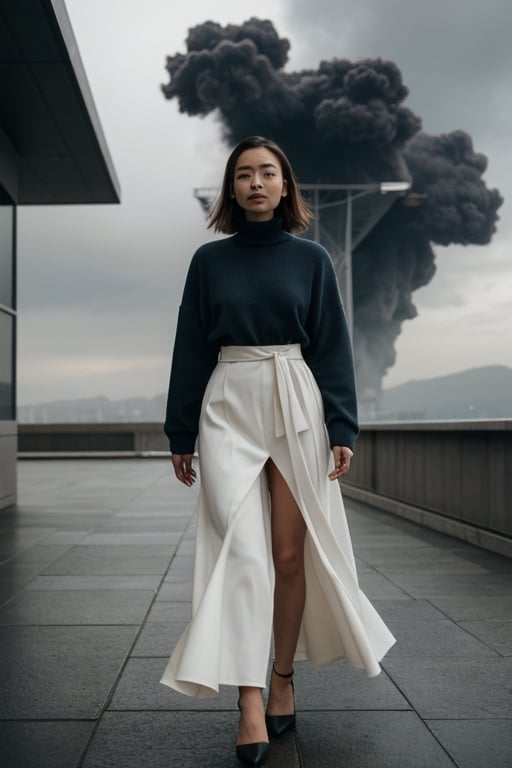 Inspired by photography from Vogue magazine, On a cloudy day, a woman is wearing a romantic transparent gauze, like clouds, a colorful long skirt, the woman's face is looming, the atmosphere is like smoke and a dream, it is indescribably beautiful.