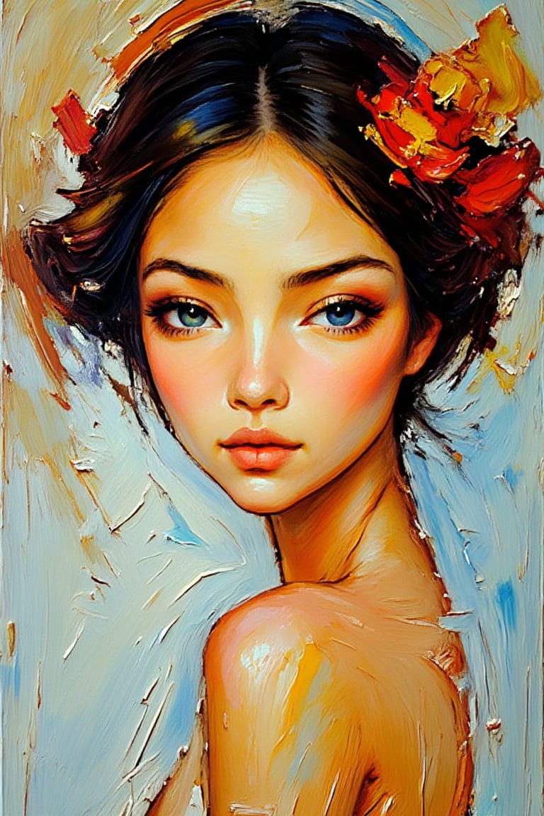 Portrait view, create an abstract, neo-expressionist painting of a tall, skinny, beautiful asian supermodel, use extremely heavy, textured impasto brush strokes, high level of sharpness, making facial features clear and distinct, clean, defined edges