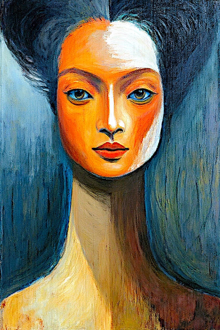 "Create an abstract, neo-expressionist painting in the style of Remedios Varo and Ian McQue, featuring a tall, elegant figure with surreal qualities. Use heavy, textured impasto brush strokes, but ensure the brushwork remains clean and polished to maintain a refined appearance. The facial features should be sharp and clearly defined, with crisp edges throughout the composition. Focus on vibrant colors with smooth blending and layering, avoiding smudges or rough textures. The overall finish should evoke sophistication and clarity, capturing a sense of surreal beauty while maintaining a pristine and polished atmosphere. The style should emphasize the surreal nature of the subject, while still delivering a refined and expressive portrait.", surrealportraits,LeJardinDesPlantes