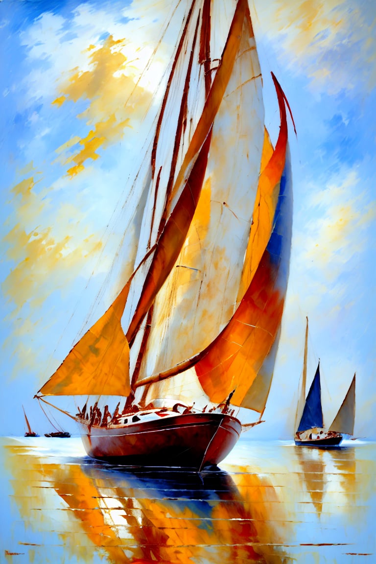 Create a fine art oil painting of a racing sailboat, a sharp focus, with details rendered in sharp focus, where the edges are sharply defined, civetartstyle