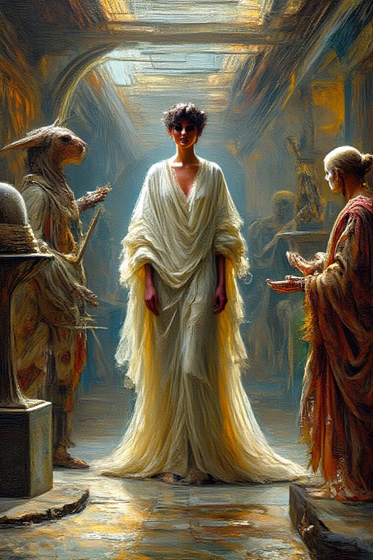 "In a surreal, impressionist style and a mix between dystopian sci-fi and abstract expressionism, with a focus on texture and form over realism.", "On the polished floor of a modern museum, a tall elegant princess stands draped in ancient flowing clothing. The scene is ethereal and ghostly, with a mix of surrealism and romanticism in the art style. The palette features rich, deep earthy tones of reds, browns, ochres, blues, yellows, and greens, with bold and visible impasto brushstrokes adding texture. Surrounding the princess are legendary creatures from mythology interacting with futuristic technology displayed in the museum exhibits. Customary architecture influenced by cultural rituals and significant historical events is showcased, creating a unique and fantastical atmosphere within the modern museum setting."