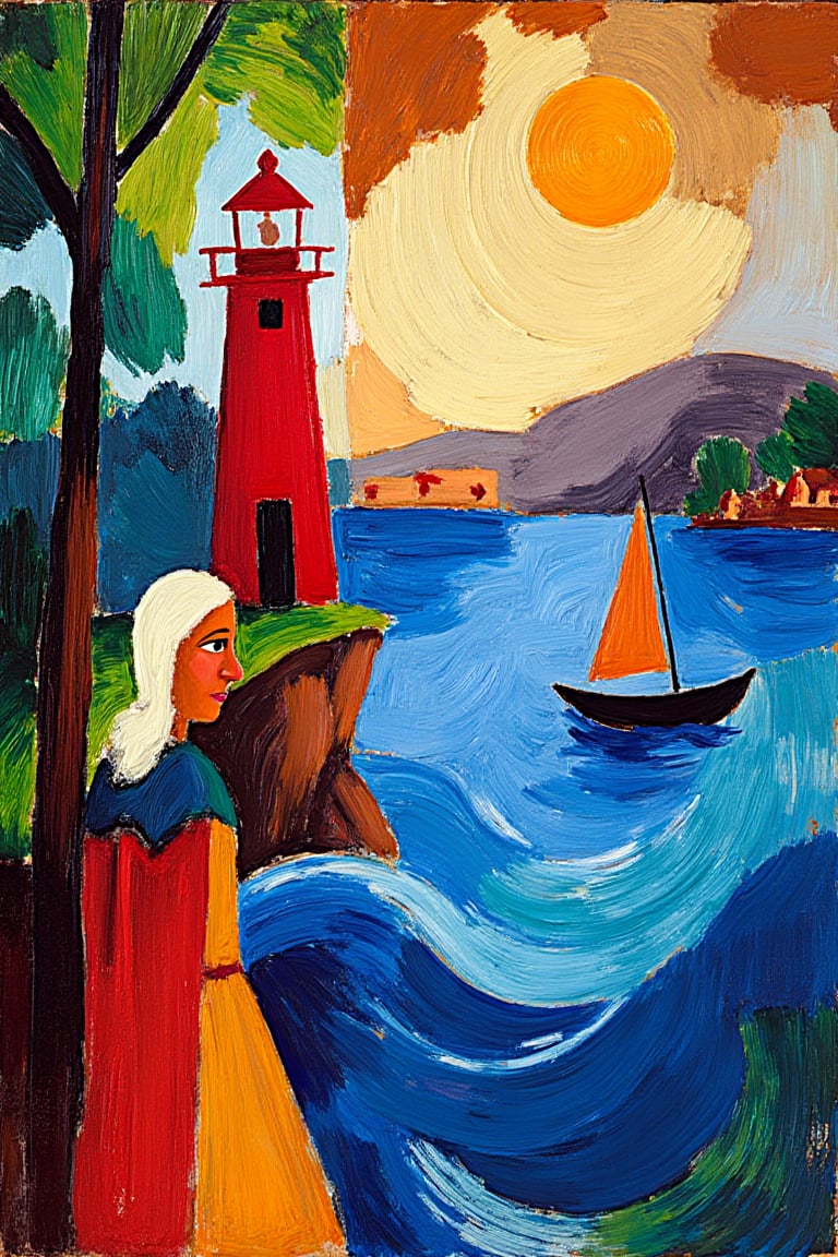 A fine art oil painting in the style of August Macke and Fauvism, featuring bold, expressive colors and simplified forms. The scene depicts a vivid rust-red lighthouse standing alone amidst a turbulent sea, rendered with bright patches of blues and greens. The brushwork is loose and painterly, emphasizing vibrant, saturated color fields over heavy impasto. The sky features energetic cream, brown, and green hues, with a glowing sun casting abstract light across the landscape. In the foreground, a stylized figure with light hair and a colorful cape stands on a rocky cliff, surrounded by simplified tree shapes. The background reveals a foggy, mountainous landscape with vibrant color contrasts, while an abstract, distant cityscape and winding river add depth. The composition prioritizes bold visual impact, flattened forms, and expressive colors, capturing emotional depth through stylized skin tones and a simplified sailboat beneath the colorful sky.