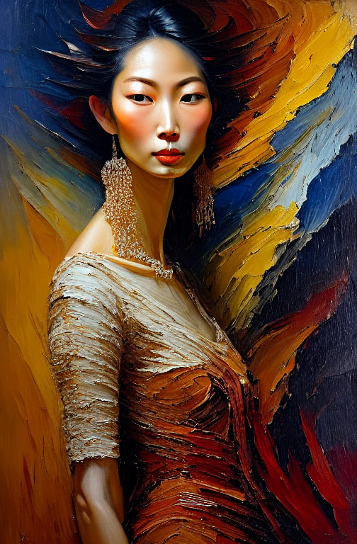 Create a fine art oil painting of a young, tall, skinny, beautiful asian supermodel, designer jewelry, use textured impasto brush strokes, high level of sharpness, making features clear and distinct, clean, defined edges, civetartstyle