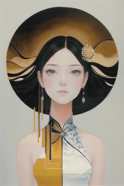 (masterpiece, ultra-high resolution, intricate details, sharp focus, crystal clear, vivid, high clarity, defined edges, ultra-sharp textures, crisp details, subsurface scattering), "a (modern, surreal, abstract:1.35) painting using dry brush techniques, of a beautiful chinese woman, soft gaze, eyes following, white alabaster skin, wearing a white dress, wide-brimmed floppy hat. Use a balanced palette of warm, earthy tones with some deep, rich accents. Apply dramatic chiaroscuro lighting to highlight the textures and depth of the painting. Emphasize the texture and depth by applying dry brushstrokes. Ensure sharp focus on all elements, crisp and clear details throughout. Render in UHD, 8K resolution.", (extremely sharp:1.2), (high-definition:1.2), (clean, crisp edges:1.2), (ultra-sharp textures:1.2), (focus on fine details:1.2), (high contrast lighting:1.2), (perfect clarity:1.2)