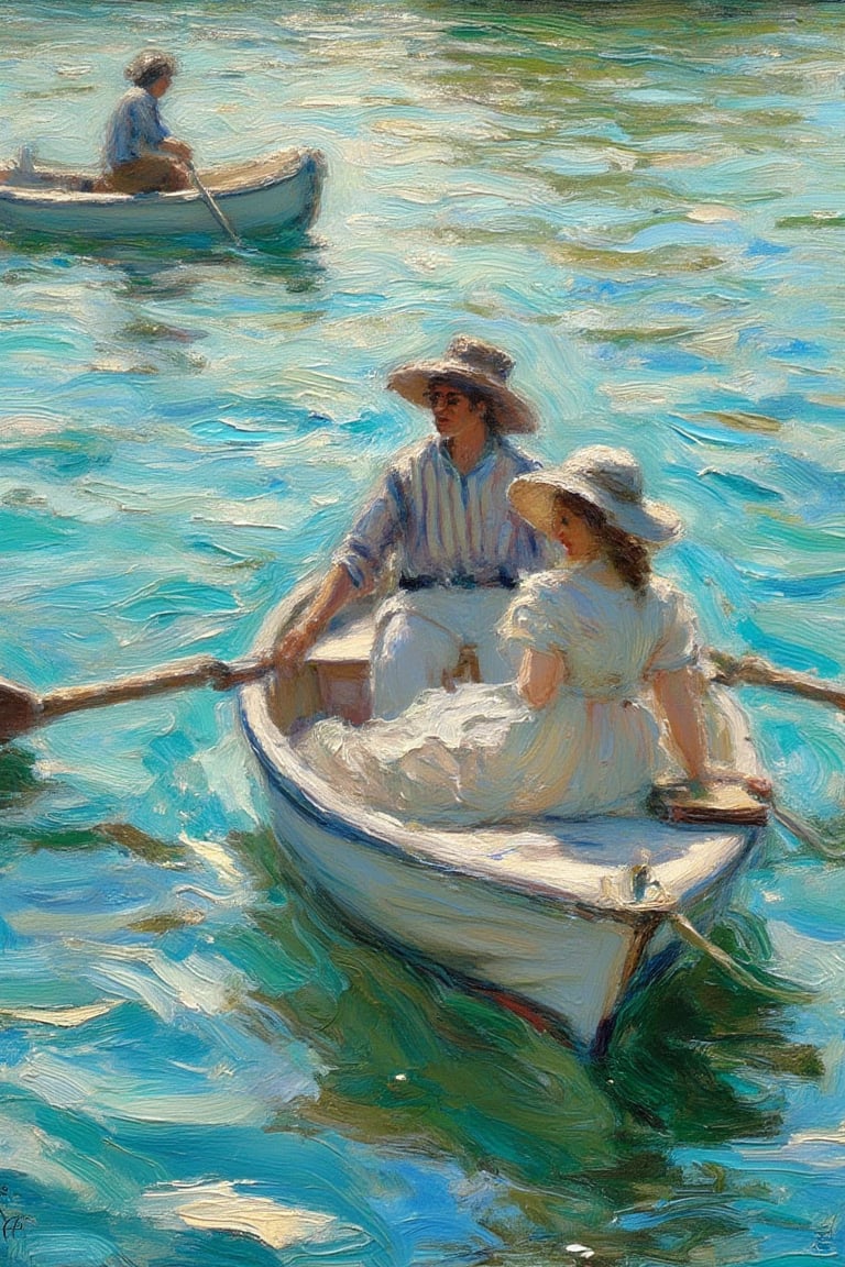 A reimagining of the painting 'Boating' (1874) in a delicate Impressionist style with reduced impasto. The scene captures a serene moment as a couple enjoys a sunny day on a small boat. The woman, elegantly dressed in a flowing white dress and wide-brimmed hat, sits gracefully at the front, while the man, in a casual striped shirt, rows gently across calm waters. Soft, fluid brushstrokes bring the play of light on the water to life, with shimmering reflections of the boat and the figures mirrored on the surface. The reduced impasto allows for smoother transitions between the vibrant blues of the water and sky, while light textures on the boat and clothing add subtle depth and dimension. The entire composition exudes a peaceful, leisurely atmosphere, capturing the timeless tranquility and natural beauty that define Impressionist works.,tangtengpho