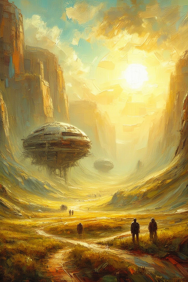 "An alien, futuristic structure floats in the foreground. A bright afternoon landscape with hard, sharp shadows. The sun is high in the sky, casting a strong, direct light. The scene includes a clear sky with minimal clouds, and the sunlight creates a vivid contrast between light and shadow on the ground and objects. The overall atmosphere is warm and bright, capturing the essence of a sunny afternoon."