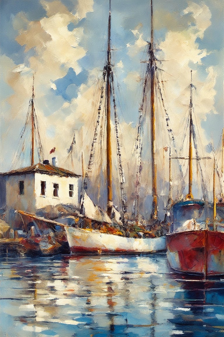 A Mexican style watercolor painting of a ketch sailboat moored in a calm harbor. The scene is characterized by bold colors and cultural themes. The sailboat and its surroundings are depicted with vibrant, lively brush strokes, reflecting Mexican culture and folklore.