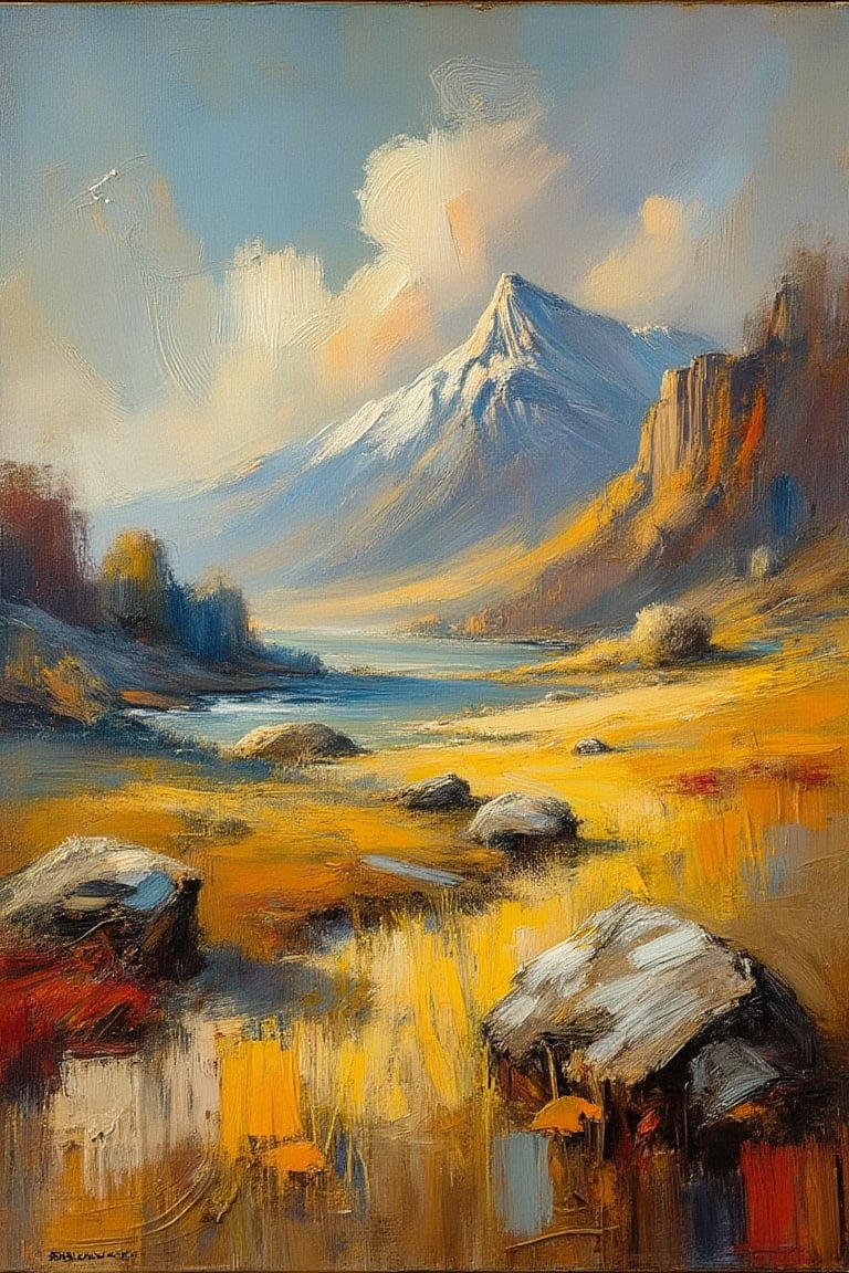 "A fine art oil painting, masterpiece, ultra-high resolution, sharp focus, crystal clear, vivid, high clarity, defined edges, ultra-sharp textures, subsurface scattering. The painting is rendered in ultra-high definition, with sharp textures and defined edges. The image is crystal clear and vivid, emphasizing crisp brush strokes throughout the scene. Subsurface scattering is used to enhance realism, adding depth to the textures, and the entire composition is meticulously focused on achieving ultra-sharp textures and visual clarity.", "a fine art oil painting in an abstract style", "landscape, person"