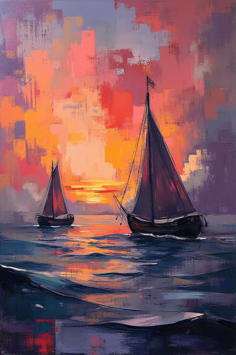 "Stormy harbor with a brigantine sailboat coming into the harbor, depicted in a semi-abstract oil painting style with bold, dramatic brushstrokes and angular shapes. The palette consists of natural sunset colors with deep oranges, pinks, purples, and hints of soft reds, balanced with dark blues and grays. The foreground shows the turbulent water with subtle reflections of the sunset, while the background is a dramatic mix of warm oranges and purples, suggesting a stormy yet calming sunset. A brigantine sailboat is visible in the distance. The lighting features strong contrasts between light and dark, creating dramatic but more natural shadows. Prominent textures still enhance the tension in the scene. The composition remains asymmetric and dynamic, capturing the tension, anticipation, and subdued beauty of the harbor at sunset."