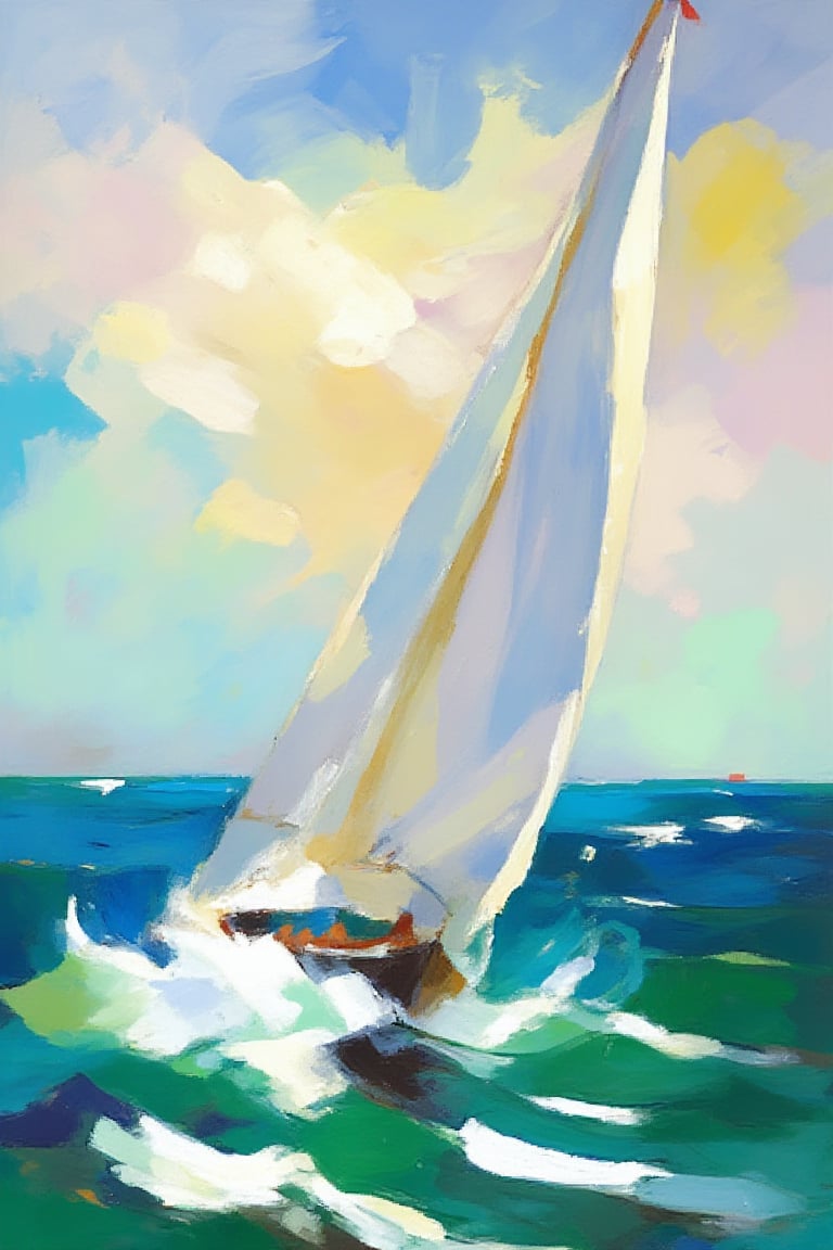 A fine art oil painting in an abstract, impressionist style, depicting a small sailboat with white sails on the open ocean. The boat is gently rocking on the waves, with its sails billowing in the wind, painted with loose, expressive brushstrokes. The ocean is rendered in vibrant shades of blue and green, with soft reflections of the sunlight shimmering on the water’s surface. The sky above is a blend of soft pastels, with broken clouds, creating a tranquil yet dynamic atmosphere. The scene captures the fleeting quality of light and movement, hallmarks of the abstract, impressionist style, with visible, short brushstrokes blending the colors of the water and sky harmoniously.