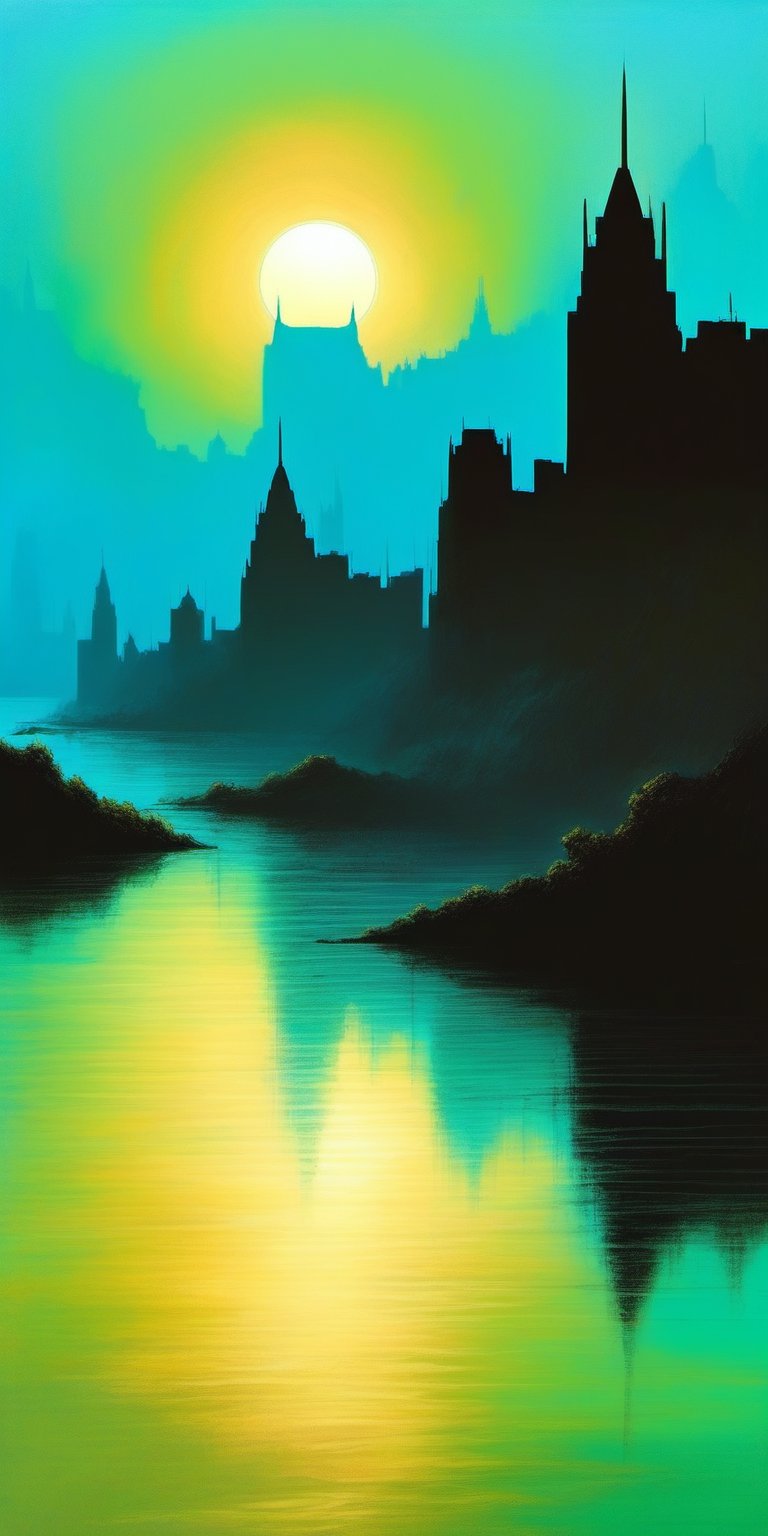 "Infuse the artwork with the aesthetics of Frank Frazetta and Zdzisław Beksiński.", "Create a breathtaking sunset scene with a distant city silhouette. The sky should feature a gradient, transitioning from soft, pale yellow (#fbdf50) near the setting sun to light green (#a0c25d) and light blue (#60996e) as it moves outward. The sun should glow warmly in a rich yellow (#fcd700), casting a serene light over the entire scene. The silhouette of the distant city should be painted in deep brown (#23231d) and black (#20211e), creating a stark contrast against the vibrant sky. The water should reflect the sky and city, showing a mix of light blues, greens, and yellows, with darker tones for the reflection of the cityscape. Accents of light brown (#a67c52) and ochre (#d2b48c) should highlight the edges of buildings and water, adding depth and realism. The overall mood should be serene and captivating, evoking a sense of peace and wonder."