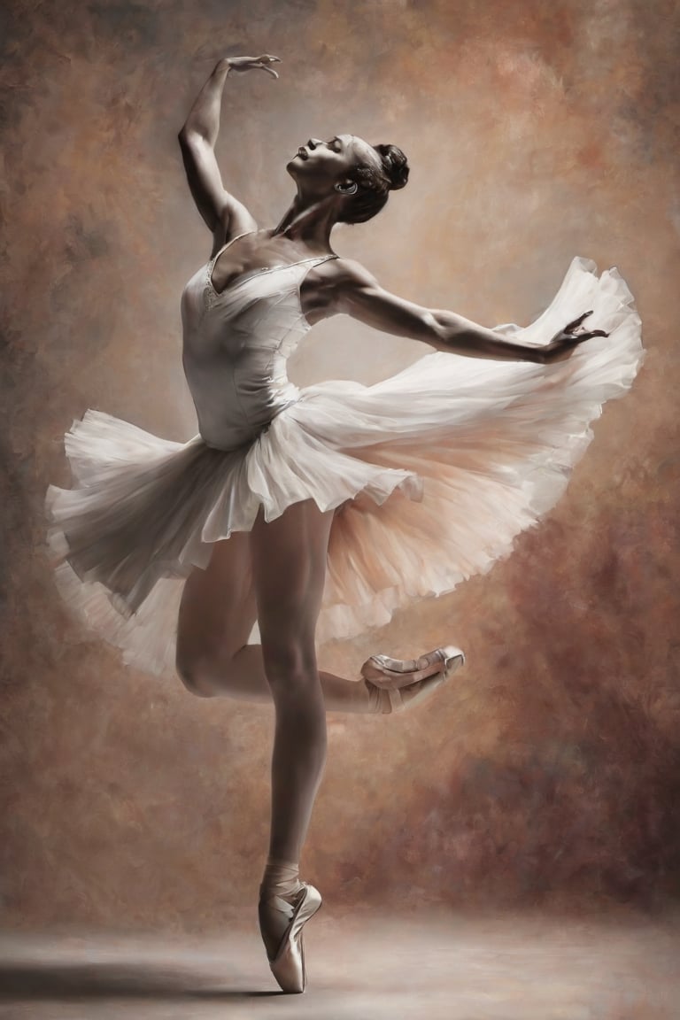 "Create a fine art classic oil painting of a graceful ballerina in an elegant pose, wearing a pure white tutu and pointe shoes. The painting should feature prominent, visible brush strokes, heavy impasto textures, and a soft, dreamy quality. Use rich, deep colors and chiaroscuro to enhance the painterly effect, making the image appear as if it was created with traditional oil painting techniques. The dancer's form is captured with exquisite detail, showcasing the fluidity and strength of her movements. The background is a rich burgundy with soft ivory accents, emphasizing the ballerina as the focal point. Lighting is soft yet dramatic, highlighting the contours and muscle definition of the dancer's body. The overall composition is minimalist, focusing on the beauty and poise of the ballet pose. "