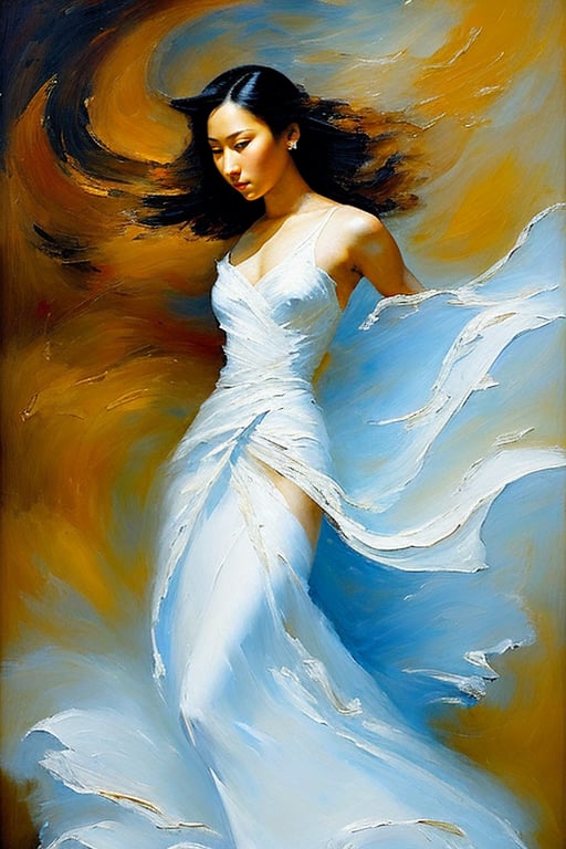 "An sks_fantasyart, elegant portrayal of an Asian woman in a flowing white gown, rendered with rich, textured brushstrokes. The artwork blends realism with dynamic motion, capturing grace, strength, and beauty with vivid detail and movement." (high level of sharpness:1.0), (clean, defined edges:1.0)