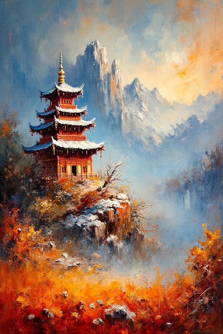 "Create an imaginative and photorealistic oil painting characterized by ultra-detailed line work using the palette knife technique with impasto. The scene should feature a traditional pagoda-style temple prominently in the foreground, set against a dramatic mountainous landscape with striking peaks. Blend Surrealism and Mystical Realism to create a rich, immersive setting. The temple, weathered by time and the elements, should symbolize spiritual resilience and tranquility, with intricate architectural details, vibrant red and gold colors, snow-covered roofs, and rugged textures highlighted with exaggerated clarity. The painting should have an over-sharpened focus on the temple and the foreground elements, showcasing the detailed textures of the rocks, foliage, and vibrant fields with warm orange and yellow hues. The lighting should be dynamic, casting bright highlights and deep shadows that create a mystical and ethereal effect over the scene. The background should feature rugged mountains and steep slopes with detailed textures, incorporating a blend of cool blues and grays with warm oranges and yellows, enhancing the dramatic effect. The sky should display dynamic colors with a mix of warm and cool tones, adding to the surreal atmosphere. The overall painting should evoke a sense of awe and serenity, capturing the raw beauty and spiritual quality of the temple amidst a dramatic and colorful landscape, with every detail intentionally over-sharpened to enhance the sense of depth and realism."