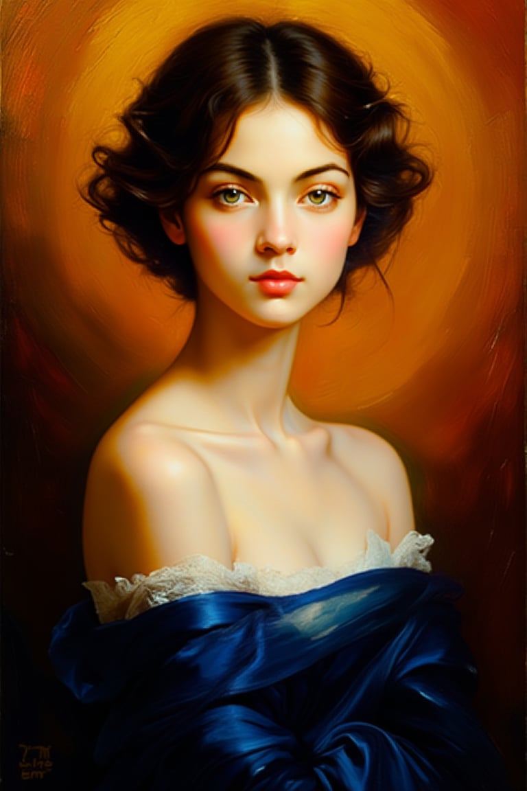 (masterpiece, vibrant colors, high contrast, dynamic lighting) "A fine art oil painting of a classically styled portrait, framed to show the upper body of the subject, including the head, shoulders, and part of the torso. The subject has a poised, introspective expression, with sharp focus on the face, particularly the eyes and bold red lips. The subject is dressed in a rich, deep blue draped fabric that elegantly wraps around the shoulders and upper body, creating a striking contrast against the subject's pale, smooth skin. The skin has a soft, luminous glow, enhanced with warm undertones that give it a radiant quality. The hair is styled in an elegant updo, with subtle highlights that catch the light. The background is a rich, warm gradient that complements the subject's complexion and adds depth to the composition. The lighting is dynamic and bold, originating from the upper left, casting warm, golden light that creates dramatic shadows and enhances the subject's features. The overall tone is vibrant, with deep, saturated colors and high contrast, emphasizing the subject's serene, contemplative mood while adding richness and depth to the image. Render the final image in HDR and 8K resolution for exceptional clarity, with balanced sharpness to ensure all details, including facial features and the draped fabric, are vivid and distinct."