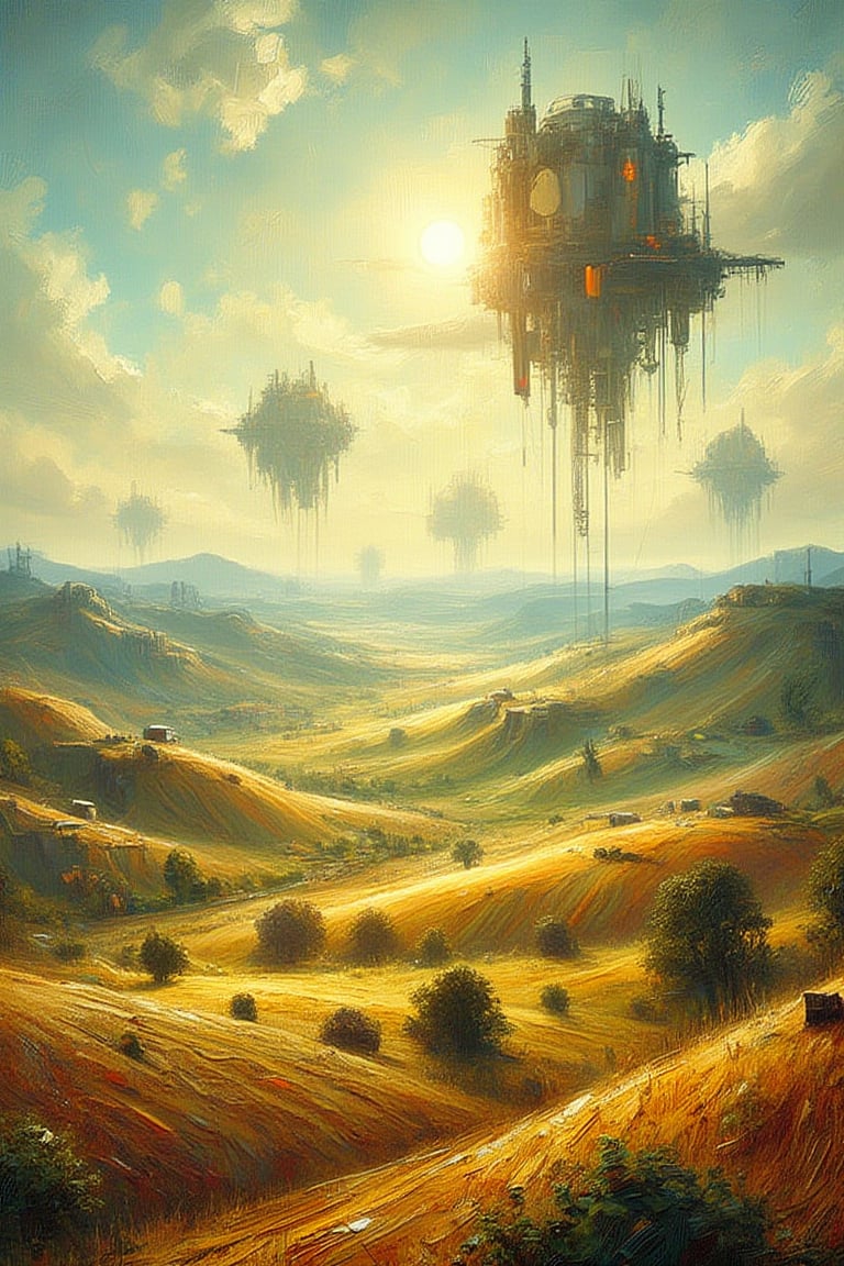 "An alien, futuristic structure floats in the foreground. A bright afternoon landscape with hard, sharp shadows. The sun is high in the sky, casting a strong, direct light. The scene includes a clear sky with minimal clouds, and the sunlight creates a vivid contrast between light and shadow on the ground and objects. The overall atmosphere is warm and bright, capturing the essence of a sunny afternoon."