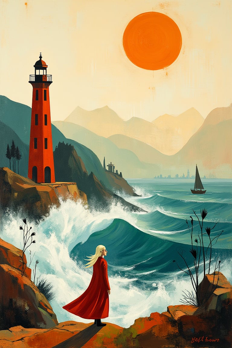 "A fine art oil painting with heavy textured, impasto brush strokes. The scene features rich oil paint colors, visible brush strokes, and chiaroscuro. The setting is serene and simple, with soothing and complementary color schemes. The focal point is distinct, featuring a prominent lighthouse standing alone amidst crashing waves. The lighthouse is rust-red in color and stands out against the dynamic, turbulent sea. There is a large, but not overly bright, glowing sun in the sky, casting soft light over the entire landscape. In the foreground, a solitary figure with light-colored hair and half-closed eyes, wearing a flowing cape, stands on a rocky cliff. Additional abstract shapes of trees are present around the figure. The background features an endless view into a foggy, mountainous landscape, creating a sense of depth and height. The overall color scheme includes muted rust blues, greens, creams, and beiges. The painting style is minimalist, incorporating rust-red and rust-cream colors, and utilizing silhouettes to create a powerful visual impact. The tone of the figure's skin is beautifully rendered, adding to the overall aesthetic harmony and emotional depth of the painting. Additionally, the sky is painted with cream white, browns, and greens. A tiny silhouetted cityscape can be seen in the distance, with rust-colored vegetation and a winding river with reflections, providing a deep view into the scene. The scene also includes a solitary sailboat with detailed rigging, set against a hazy sky with a mixture of creams and light blues."