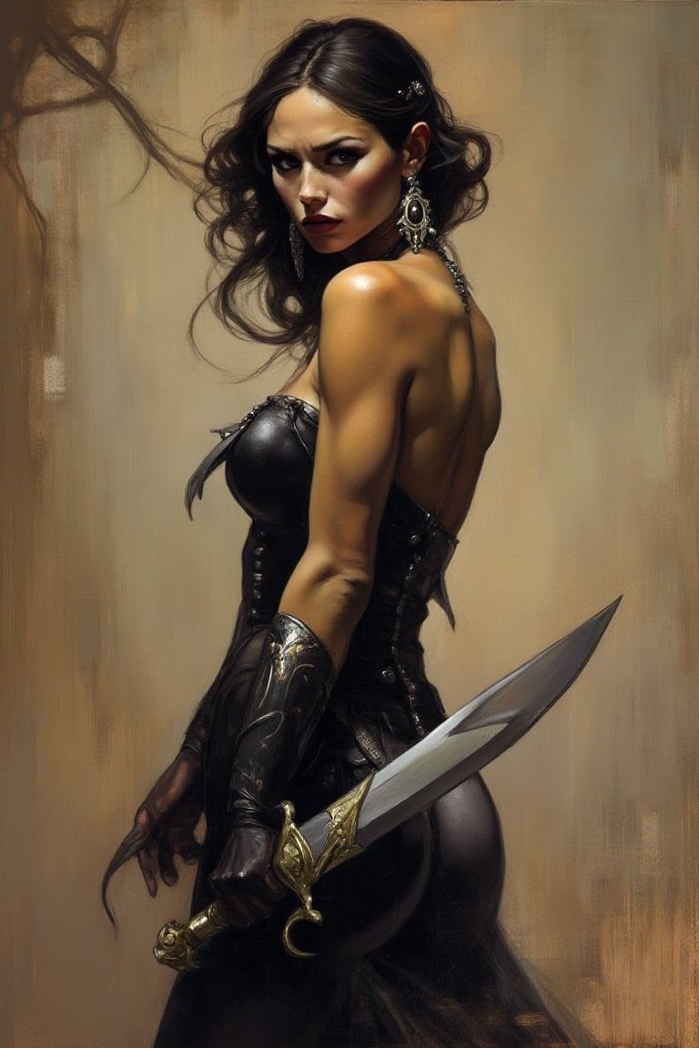 "An elegant woman, holding a dagger at her side, SFW."