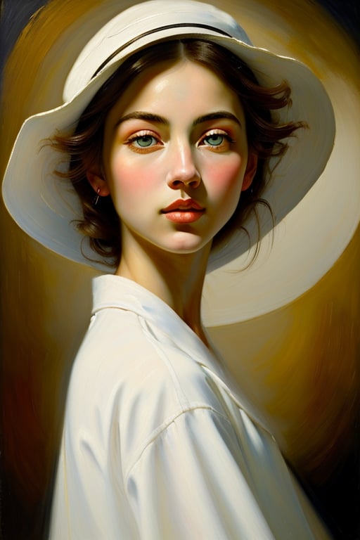 (masterpiece), Create a painting in the style of Raphael and High Renaiissance. Feature a young woman with dark hair, white hat, the aesthetic considerations of line, color, and form, and emphasize figurative art. Highly detailed face with straight, beautiful nose, clear, beautiful eyes, and smooth skin. Use fully saturated colors."