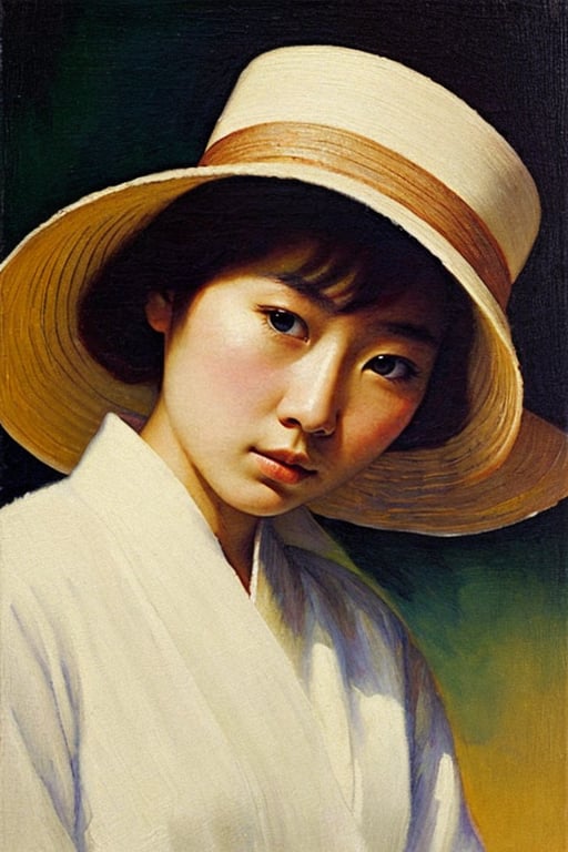 (masterpiece, ultra-high resolution, intricate details, sharp focus, crystal clear, vivid, high clarity, defined edges, ultra-sharp textures, crisp details, subsurface scattering), "a (modern, surreal, abstract:1.0) painting using dry brush techniques, of a beautiful chinese woman, soft gaze, eyes following, white alabaster skin, wearing a white dress, wide-brimmed floppy hat. Use a balanced palette of warm, earthy tones with some deep, rich accents. Apply dramatic chiaroscuro lighting to highlight the textures and depth of the painting. Emphasize the texture and depth by applying dry brushstrokes. Ensure sharp focus on all elements, crisp and clear details throughout. Render in UHD, 8K resolution.", (extremely sharp:1.2), (high-definition:1.2), (clean, crisp edges:1.2), (ultra-sharp textures:1.2), (focus on fine details:1.2), (high contrast lighting:1.2), (perfect clarity:1.2), in the style of Jeffrey Catherine Jones,sks_fantasyart