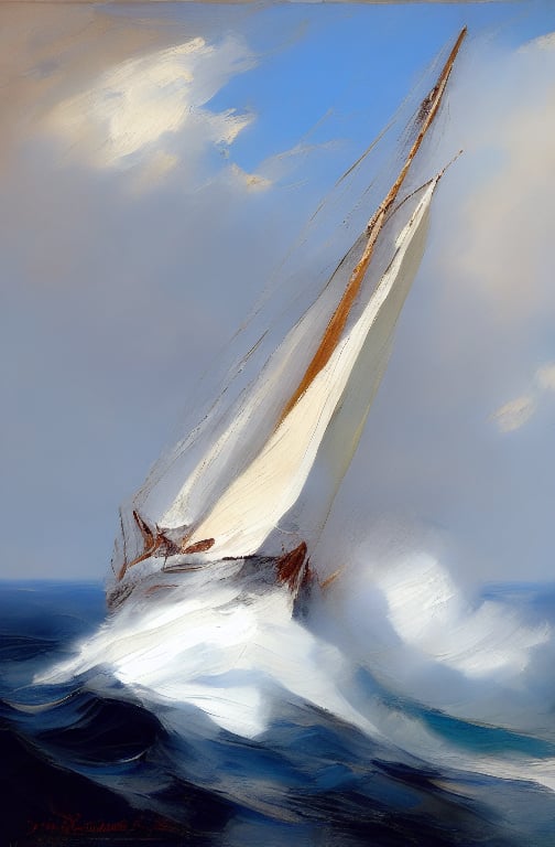 Create a fine art oil painting of a sailboat in rough seas, a soft focus, with details rendered in an impressionistic, painterly style, civetartstyle