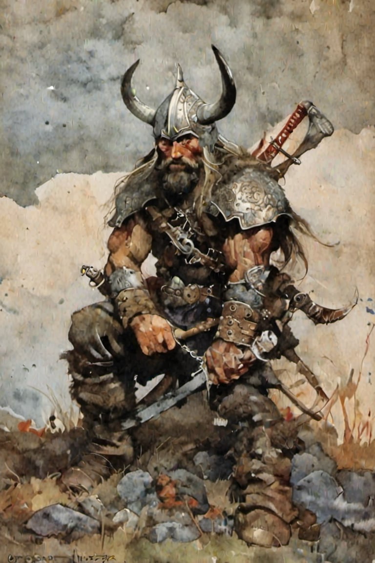 "A seasoned Viking warrior, his chainmail hauberk stained and tattered from countless raids. A broadaxe hangs at his side, its blade nicked from many a battle. His skin is weathered and smeared with the grit of the northern wilds, and atop his head sits a rugged, wide-brimmed iron helmet, the horns long since broken off. Between his teeth, he clenches a thin bone needle, used for mending sails and wounds alike. His hands, though rough and calloused, are adept and show the precision of a master craftsman. He is a man in his prime, embodying the Norse era, with leather boots laced to his knees and a cloak of dark wolf fur draped over his broad shoulders. This Viking has lived his life on the edge of sword and sea, always placing the honor of the warrior and the glory of Valhalla above all else. In his grip, he holds a longsword, a stark contrast to the ravaged battlefield around him, where broken shields and the smoke from funeral pyres rise to the grey skies.",
,SamuraiXQuiron man,A Traditional Japanese Art,fr4z3tt4 ,watercolor \(medium\)