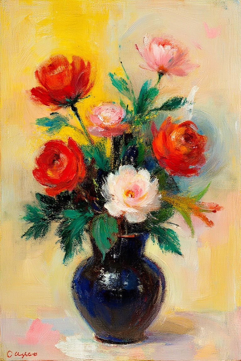 Symbolism, in the style of Odilon Redon. "A dreamlike painting of a vase filled with vibrant, ethereal flowers, featuring red, pink, and white blooms with lush green leaves. The composition uses expressive, soft brushstrokes and an unconventional, mystical color palette, with warm yellow and soft pastel tones in the background that evoke a sense of otherworldliness. The flowers appear to float and blend gently into the surrounding atmosphere, creating a poetic and meditative mood. The painting style is reminiscent of Odilon Redon's Symbolism, emphasizing emotional expression and the transcendence of ordinary reality through imaginative use of color and form."