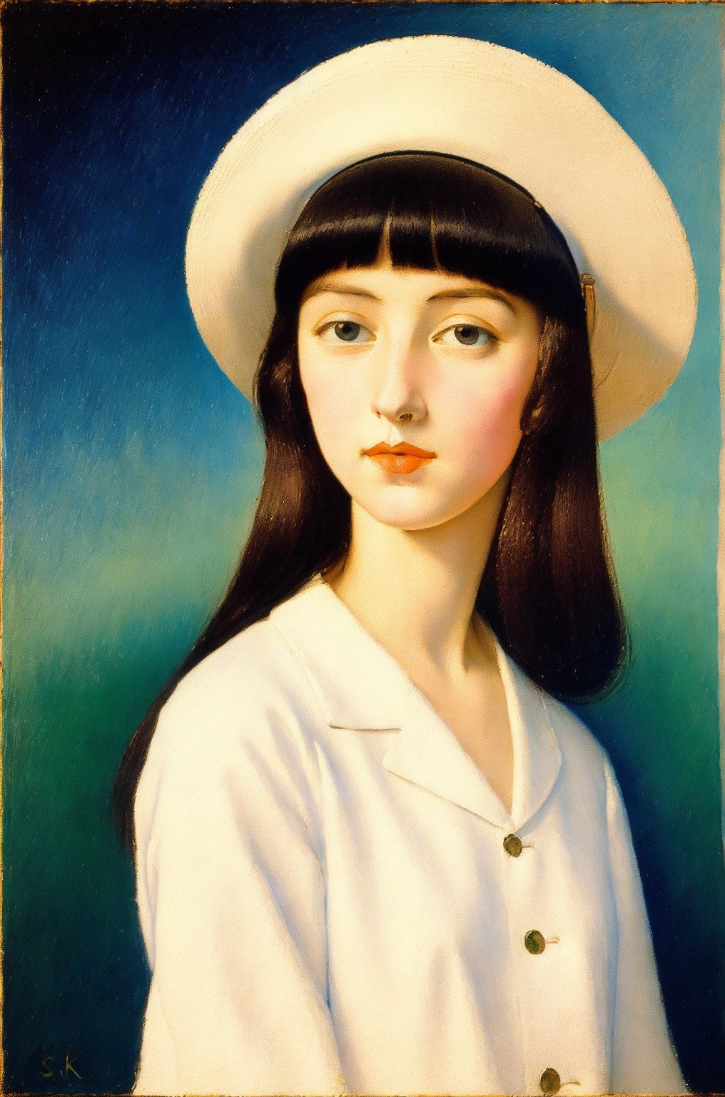 "Create a painting in the style of synthetism, Émile Bernard, and Paul Sérusier. Feature a young woman with dark hair, white hat, the aesthetic considerations of line, color, and form, and emphasize figurative art. Use fully saturated colors.", sks style