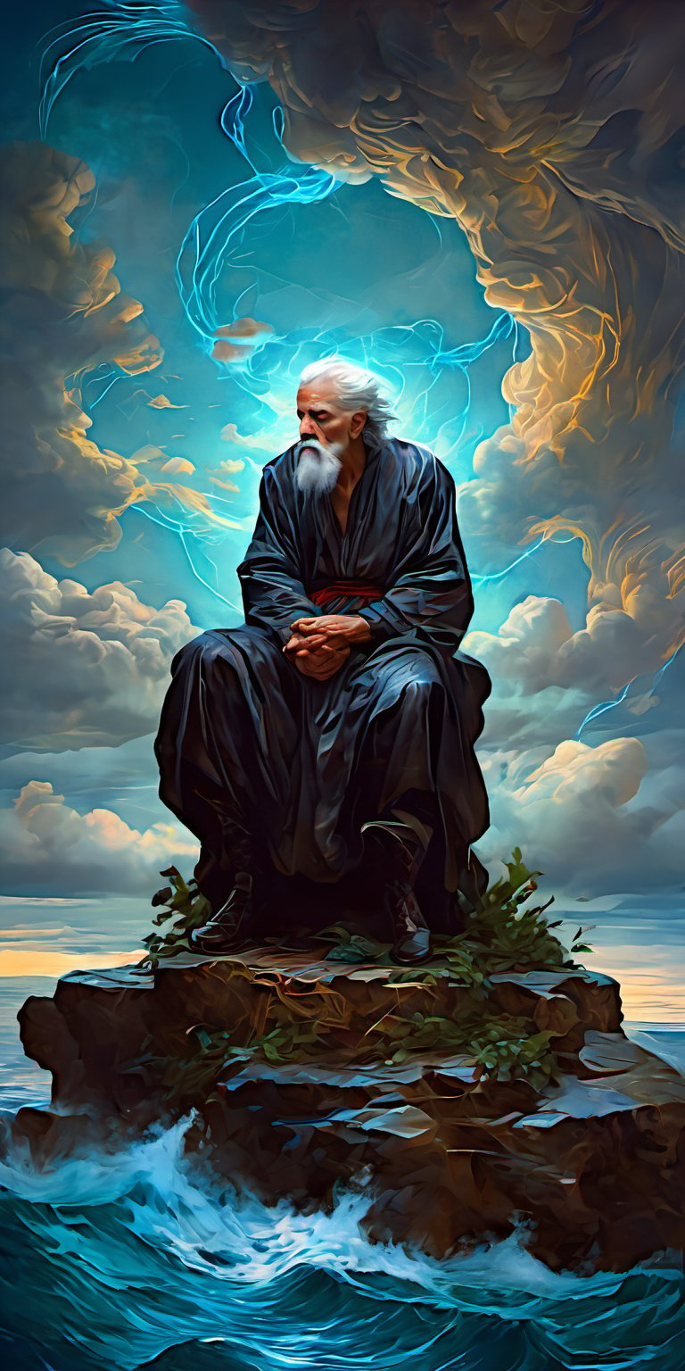 "In a style of Baroque, Caravaggio and Peter Paul Rubens.", "A chaotic scene of heroism set in a floating island above a stormy ocean, with bioluminescent plants illuminating the landscape. The mood is dreamy and ominous, with swirling clouds and flashes of lightning. The character is an elderly man with a serene expression, wearing an ancient robe adorned with modern technological enhancements and glowing runes. His posture is meditative, sitting cross-legged on a levitating rock. The art style is a blend of baroque and cyberpunk, with intricate, fluid brushstrokes. The scene includes cultural references to folklore, with mythical creatures like dragons and phoenixes interacting with futuristic drones. The historical context is set in an alternate reality where ancient magic and advanced technology coexist, creating a surreal and fantastical atmosphere."