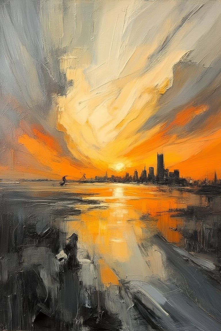 "In the style of landscape art and art nouveau, create a fine art oil painting using dry brush technique. The painting should be an abstract expressionist image of a spectacular sunset with a tiny city skyline on the distant horizon. Use bold, dynamic brushstrokes and a minimalist silhouette style. Use an additive technique with textile fibers. Place a tiny figure on the far distant horizon. Use balanced colors from a palette of burnt orange, rust, light gray, medium gray, dark gray, pure white, off-white, pure black, charcoal, pale yellow, and golden yellow to create depth and atmosphere, while incorporating more pronounced earthy tones to depict worn, weathered, and aged appearances. Add evident accents of rusty orange-yellows and rusty teals to highlight tiny areas and add visual interest. Enhance the city skyline silhouette with subtle detailing and increased definition. Ensure a smooth transition within the sky, creating a gradual color gradient for a cohesive visual flow. Incorporate depth and perspective into the reflections in the water, adding variations in color intensity and shadowing to achieve a three-dimensional effect. Introduce subtle cloud formations or variations in the sky, and add slight variations in texture to create a more dynamic and complex sky with nuanced details. Enhance the water with intricate detailing, adding nuanced color transitions and finer brush strokes to increase the realism and depth of the reflections. Create a more seamless blend between the sky and the horizon, introducing subtle variations in light intensity for a natural transition from the bright sun to darker areas."