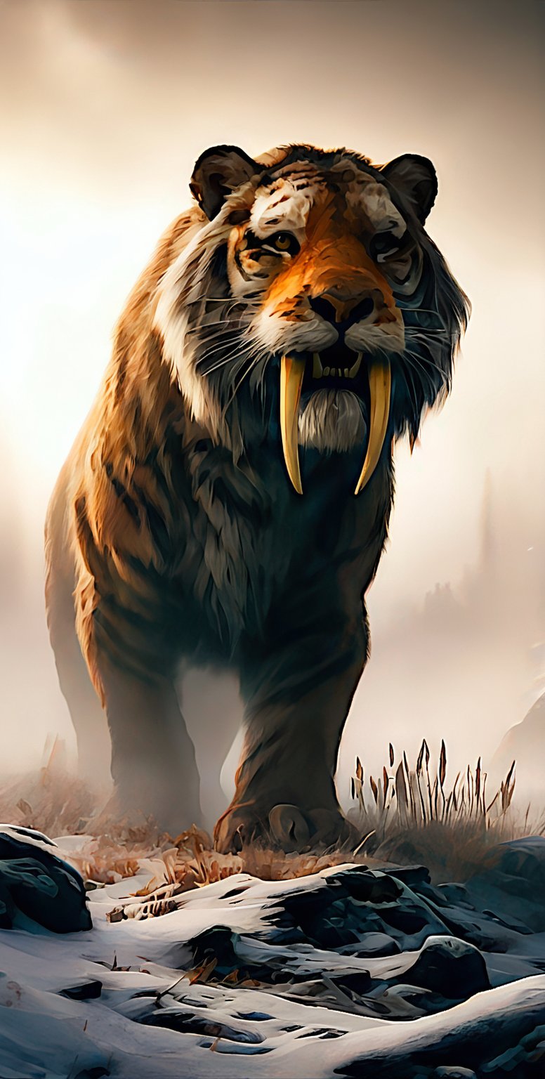 "Generate an image of a Smilodon fatalis in a foggy, wintery landscape. The Smilodon fatalis should be depicted with a powerful and imposing presence, its large saber-tooth fangs prominently displayed. The setting includes a rocky terrain with patches of snow and sparse, dry grass protruding through the snow. Mist and fog envelop the scene, adding an air of mystery and ancient wilderness. The background should be a blend of soft, diffused light, enhancing the dramatic atmosphere. The Smilodon fatalis's fur should be detailed, showcasing its thick, shaggy coat without any stripes, with a mix of dark and lighter tones. The overall mood should be one of primordial beauty and raw nature."