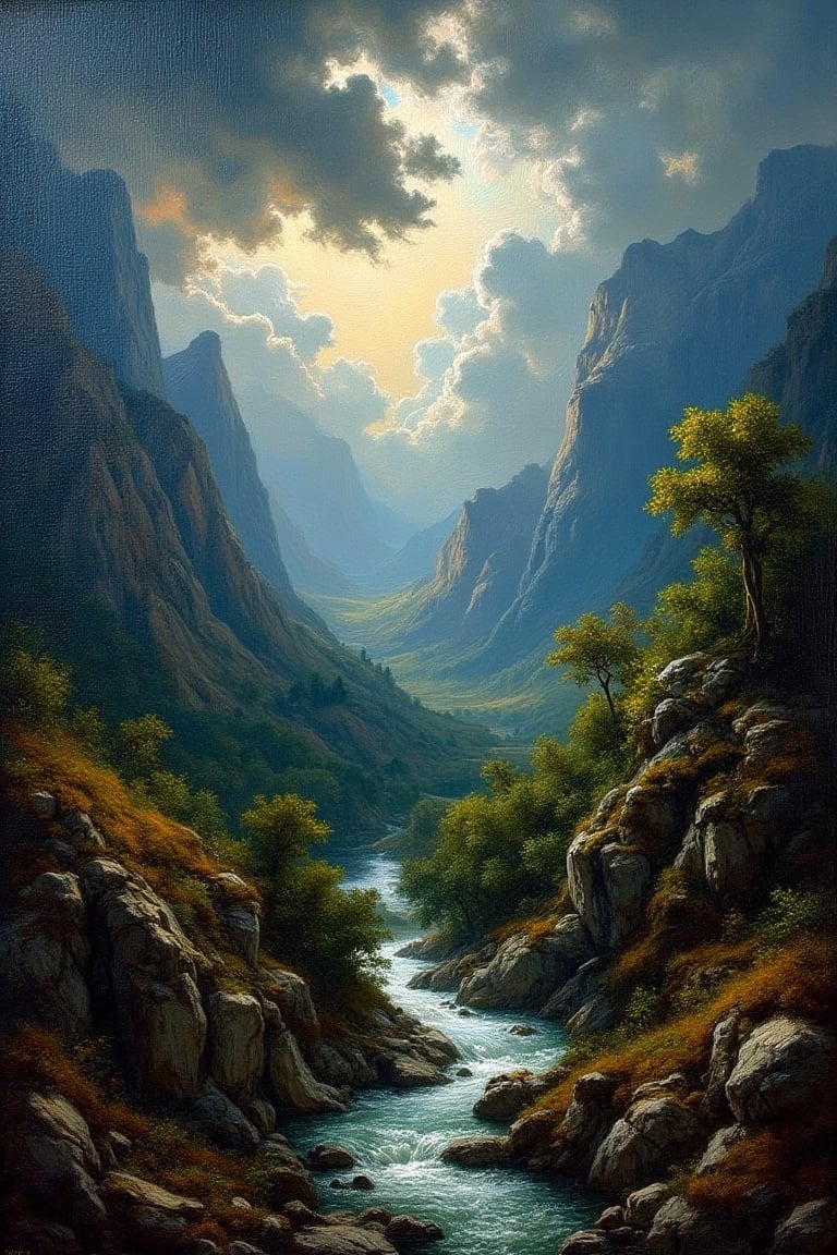 A fine art oil painting, depicting a vast, sweeping landscape in the style of Goya and inspired by the Romanticism era. The scene features dramatic contrasts between light and shadow, with towering mountains in the distance, a turbulent sky filled with swirling clouds, and sunlight breaking through, casting radiant highlights on the landscape below. The color palette reflects the Romantic period, with deep, moody hues of forest greens, rich earth tones like ochre and umber, and cooler shades of cobalt blue and slate gray in the sky. The landscape is brought to life with bold, expressive impasto brushstrokes, applied forcefully to create texture in the rugged terrain, swirling clouds, and flowing water. The thick, dynamic layers of paint give the scene a tactile richness, evoking the raw power of nature. Subtle subsurface scattering in the sunlight filtering through the trees and reflecting off water adds a soft glow, lending a natural and lifelike quality to the scene. The composition emphasizes the emotional intensity of the natural world, filled with grandeur, solitude, and dramatic beauty—hallmarks of the Romantic period.