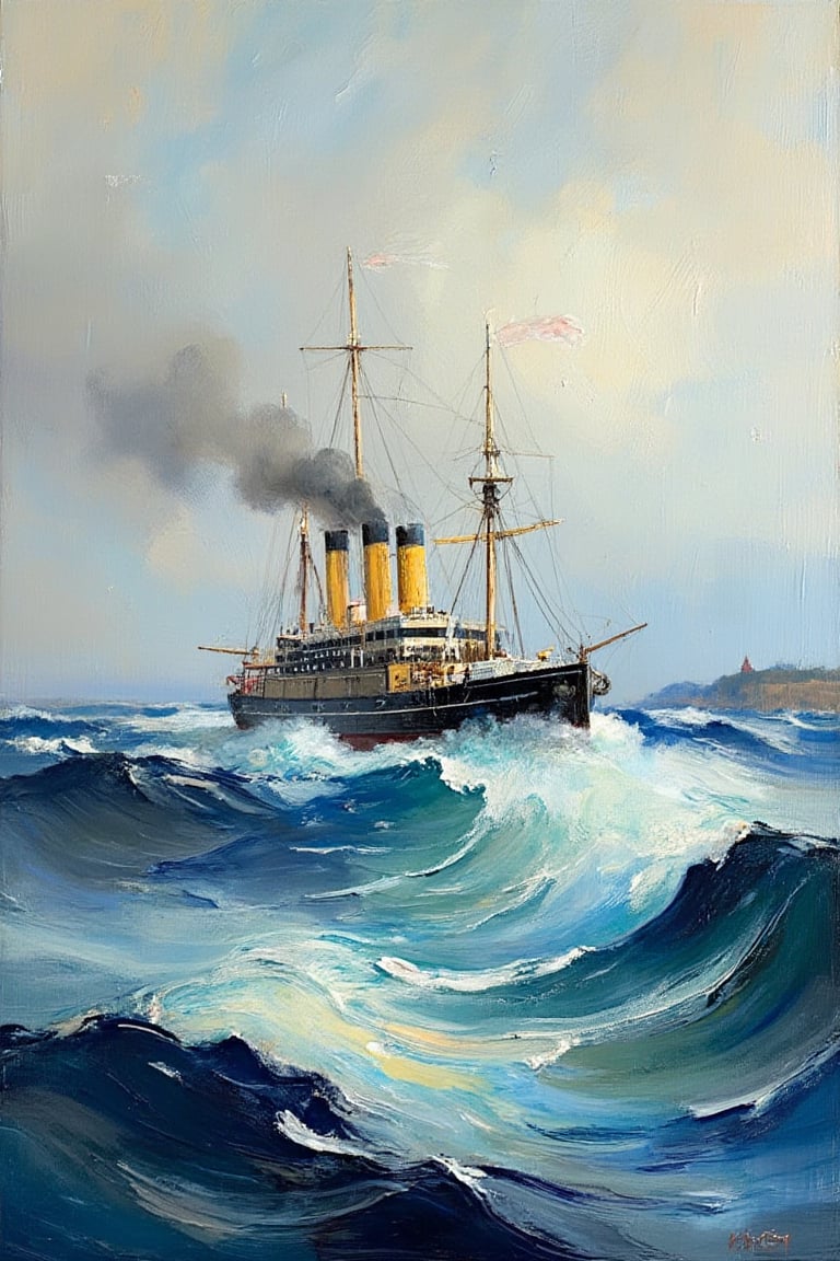 "A painting of a 19th-century steamship in a stylized, minimalistic maritime scene. The ship is depicted with a black hull and yellow smokestack, emitting dark smoke as it sails through the rough ocean. The waves are large and choppy, painted with visible brushstrokes that convey the texture of the sea. The composition is simple and the color palette muted, with subtle variations in blue and gray tones to depict the water and sky. The distant horizon is faint, suggesting a hazy atmosphere, while a small piece of land is visible in the background."