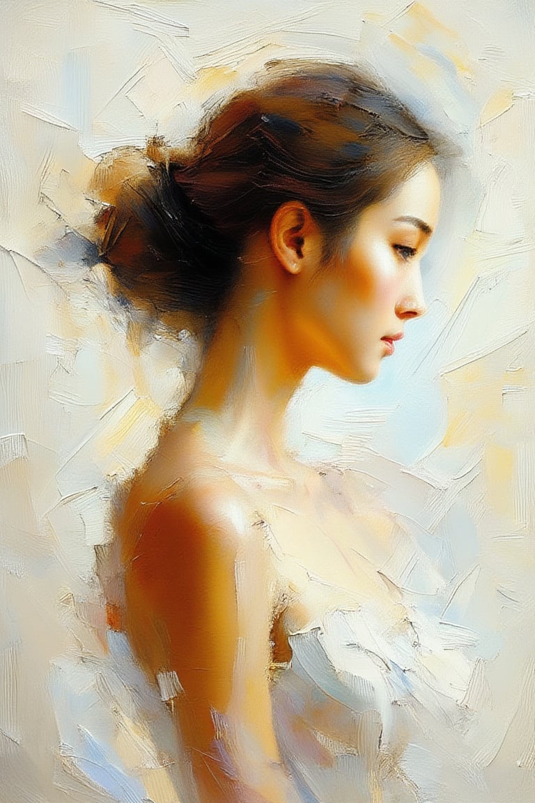 "Create a painting using dry brush techniques, of a beautiful woman standing in profile, wearing a white dress, inspired by abstract, expressionist art, with a plain white background. Use a balanced palette of warm, earthy tones with some deep, rich accents. Apply dramatic chiaroscuro lighting to highlight the textures and depth of the painting. Emphasize the texture and depth by applying dry brushstrokes. Ensure sharp focus on all elements, crisp and clear details throughout. Render in UHD, 8K resolution."