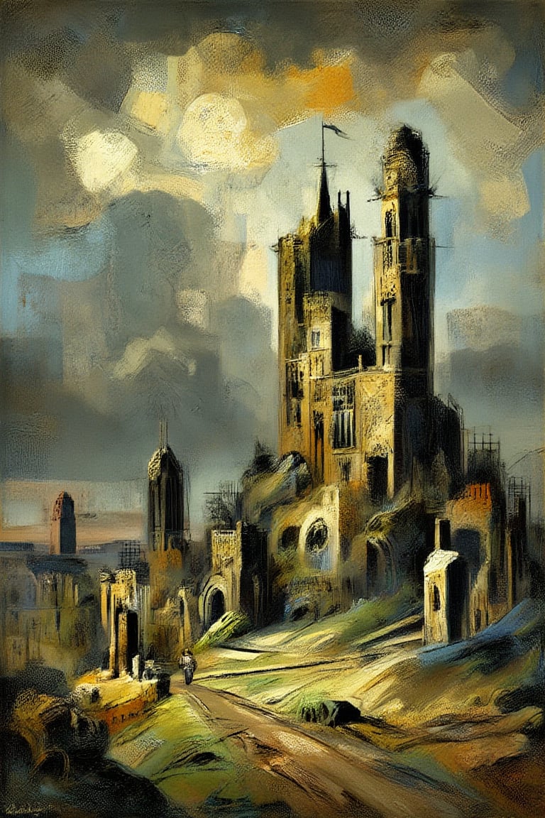 "In an abstract impressionist style, depict a scene of ancient ruins and a crumbling castle set against a dramatic, moody landscape. The weathered stone walls and broken towers are painted with expressive, fluid brushstrokes, blending into the surrounding landscape of wild overgrown vegetation. A small, solitary figure stands in the foreground, gazing up at the ruins, adding a sense of scale and wonder to the scene. Hints of sunlight break through a cloudy sky, casting soft, dappled light on the ruins, with warm, golden highlights contrasting against the cool shadows. The colors are rich and varied, with deep earthy tones of browns, greens, and grays, combined with vibrant strokes of gold, rust, and faded blue. The composition evokes a sense of mystery and history, capturing the grandeur of the once-majestic structures now succumbing to the passage of time."