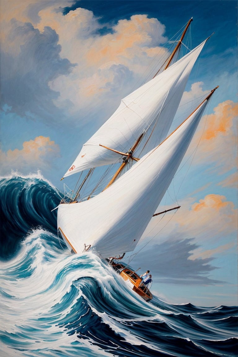 A dynamic and vibrant painting of a small sailboat cutting through rough seas, with the wind billowing its large, pure white sails. The boat is depicted at an angle, leaning into the force of the wind, creating a sense of motion and energy. The image features a high level of focus and sharpness, enhancing the edges and making them clear and distinct. The sky above is dramatic, with swirling clouds in shades of blue, orange, and white, reflecting the powerful atmosphere of the scene. The waves are turbulent, crashing against the hull of the boat, with splashes of white foam. On the boat, abstract shapes subtly emerge that resemble a person, adding an intriguing layer of depth and mystery to the composition. The overall scene is full of movement and intensity, capturing the adventurous spirit of sailing.