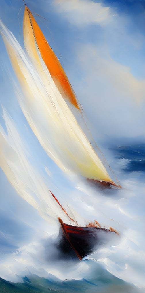 Create a fine art oil painting of a sailboat in rough seas, white sails, huge waves, (heavy impasto brushstrokes:1.2), an impressionistic, painterly style, civetartstyle