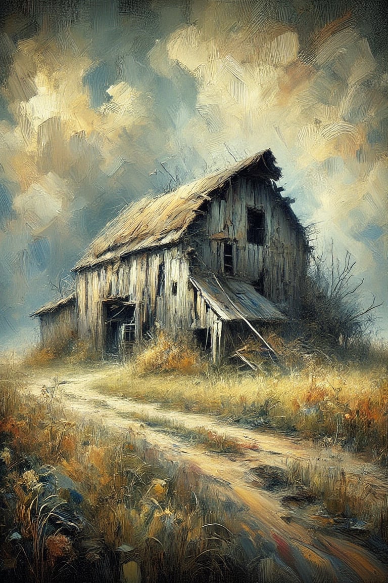 "In a surreal, impressionist style combined with an Andy Park style, create an imaginative and hyperrealistic depiction of a weathered, tattered, and time-worn old barn, characterized by intricate line work and dynamic composition. The barn’s decaying wood and broken structure should show years of exposure to the elements, with muted, earthy tones blending with vibrant accents to enhance the depth and atmosphere of the scene. The focus should be selectively on the barn, while the background transitions into an abstract, painterly environment. The atmosphere should be hazy and diffuse, contributing to an ethereal and somewhat nostalgic feel. Indistinct forms and shapes in the background should suggest overgrown foliage or distant fields, rendered in a loose, impressionistic style to emphasize mood and atmosphere over detailed realism."